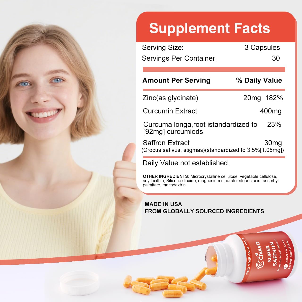 Civavo Saffron Supplements with curcumin and zinc close-up