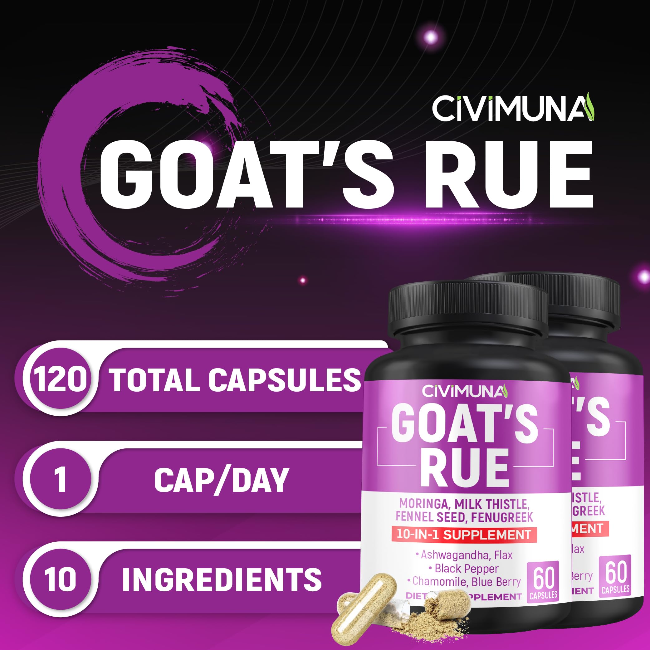 CIVIMUNA Goat’s Rue Supplement bottle side view showing ingredients