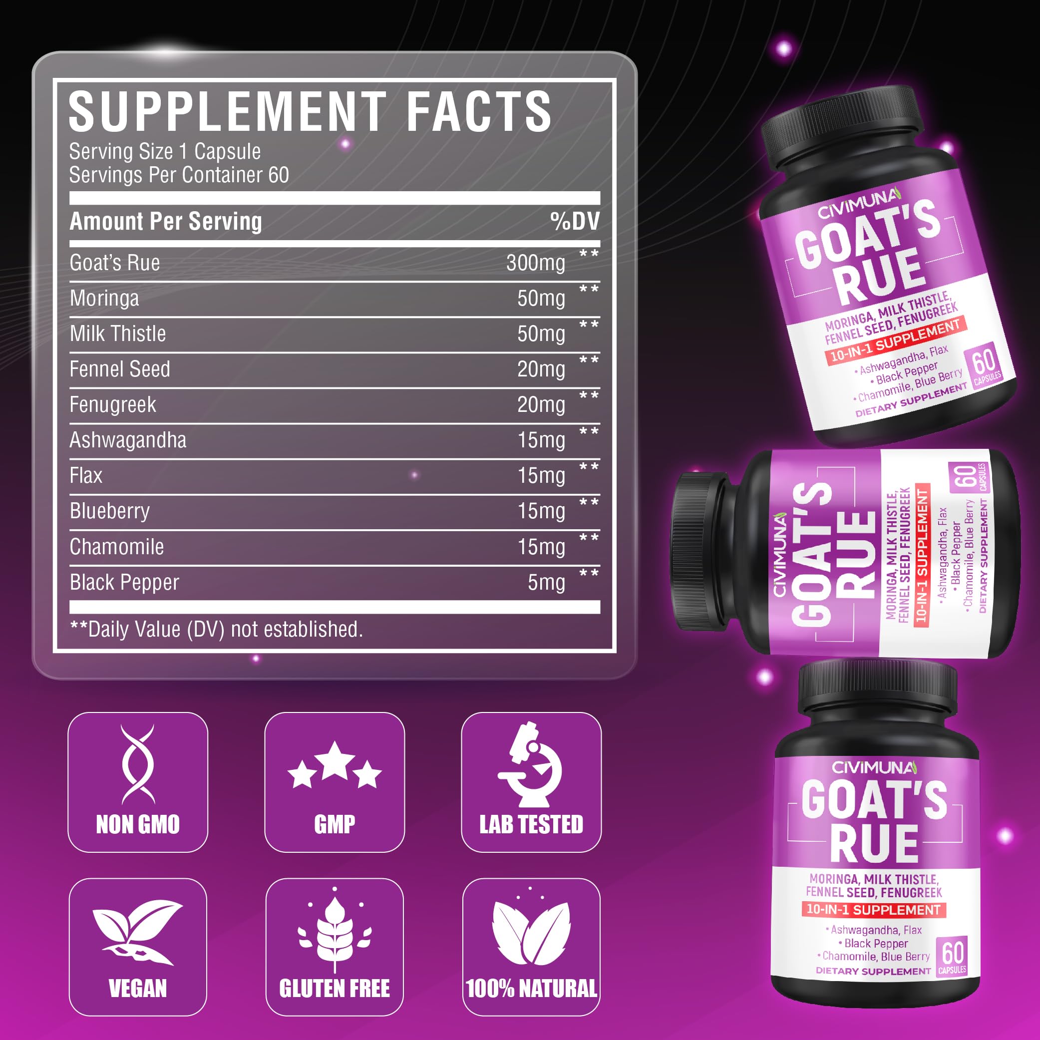 CIVIMUNA Goat’s Rue Supplement capsules close-up on a wooden surface