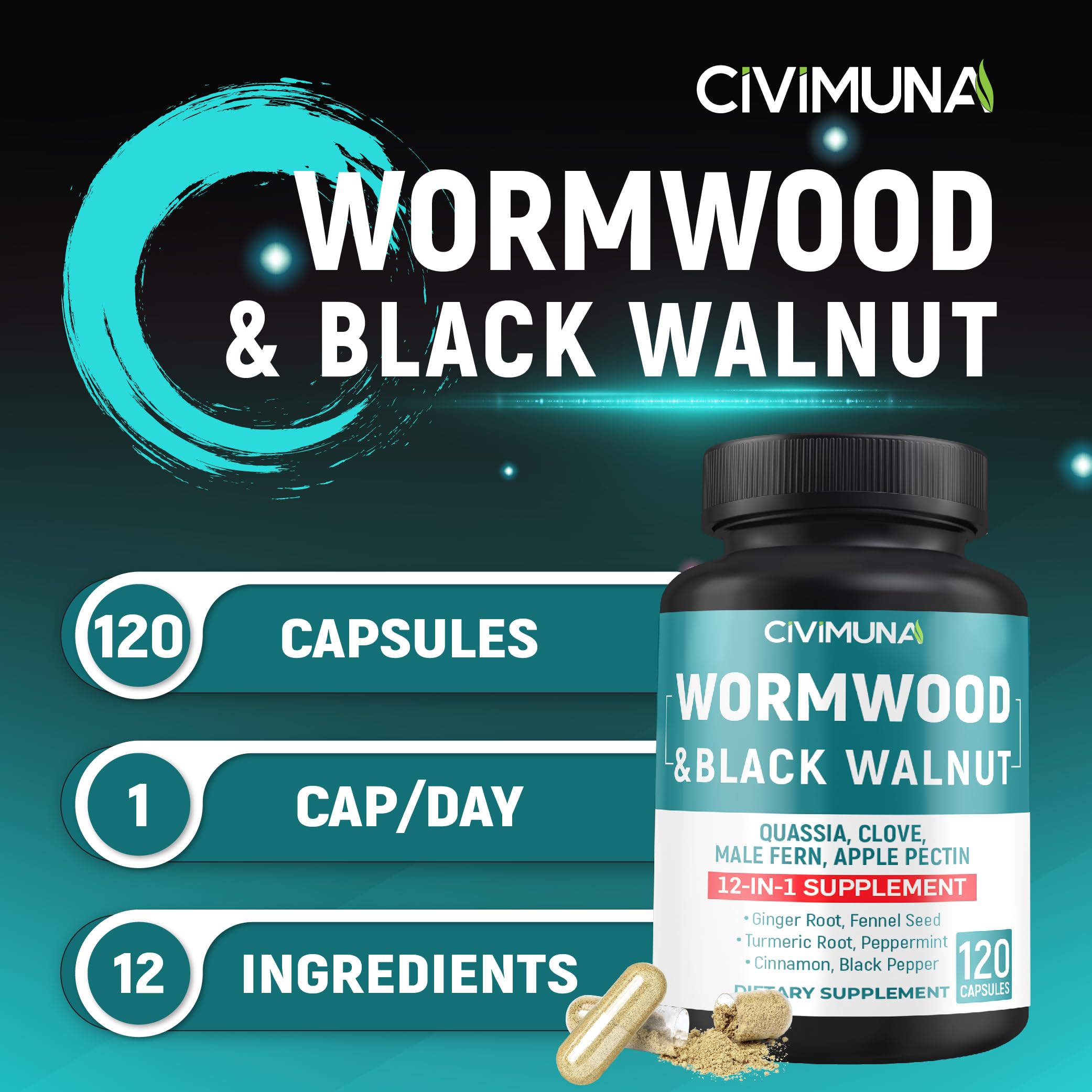 CIVIMUNA Wormwood supplement capsules in a hand