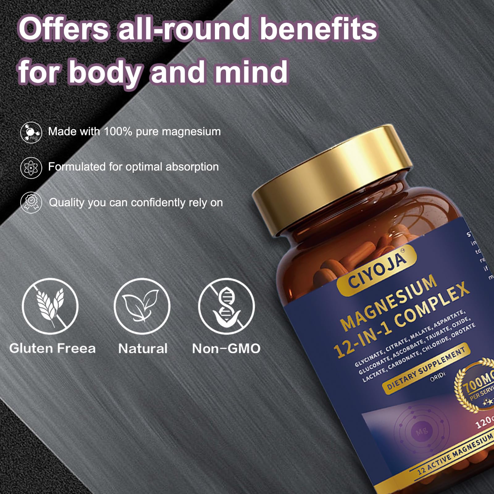 CIYOJA Magnesium Complex 12-in-1 700mg bottle on a table