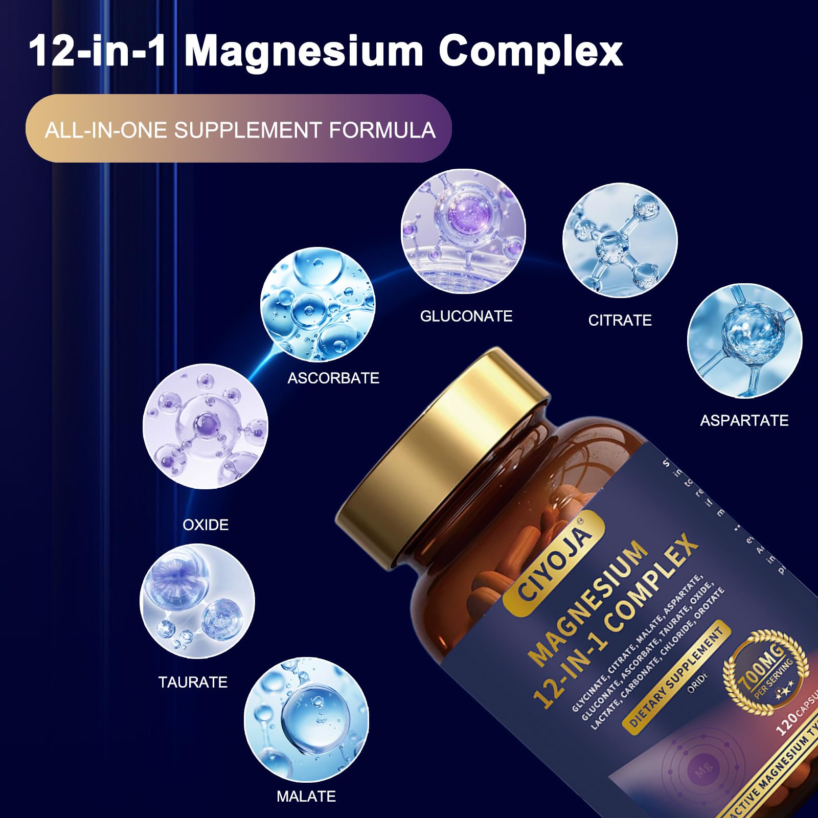 CIYOJA Magnesium Complex 12-in-1 700mg bottle side view