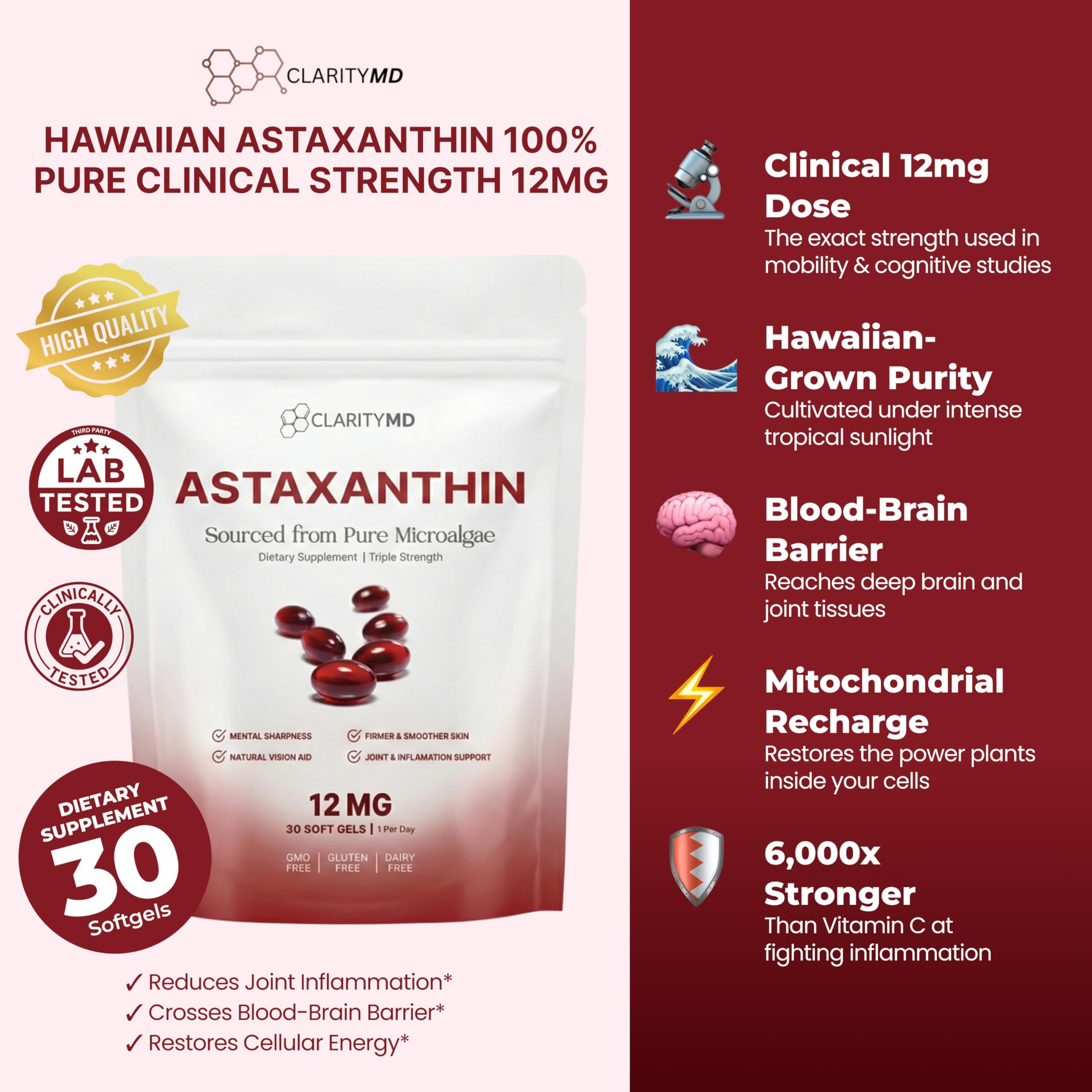 ClarityMD Astaxanthin Softgels displayed with a measuring spoon