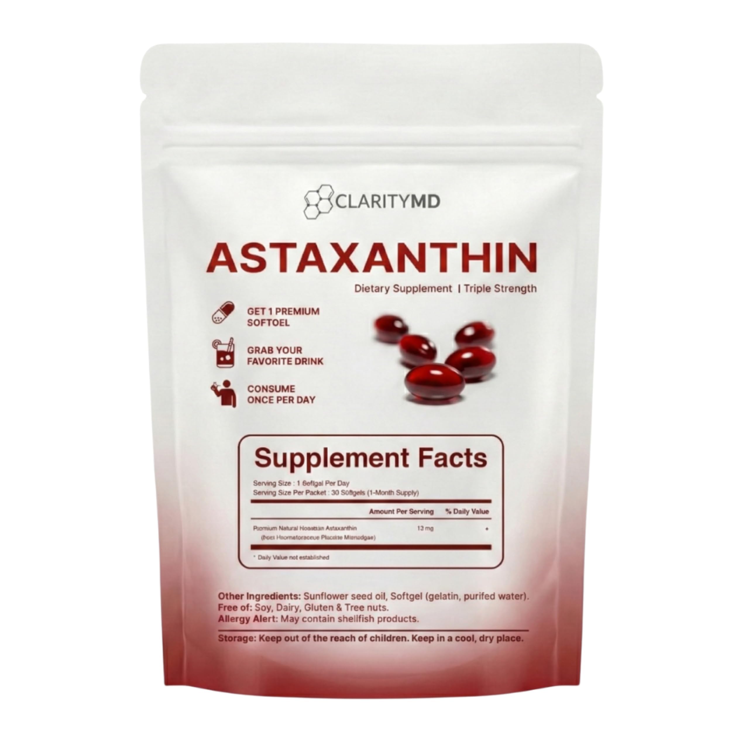 ClarityMD Astaxanthin Softgels side view showing dosage