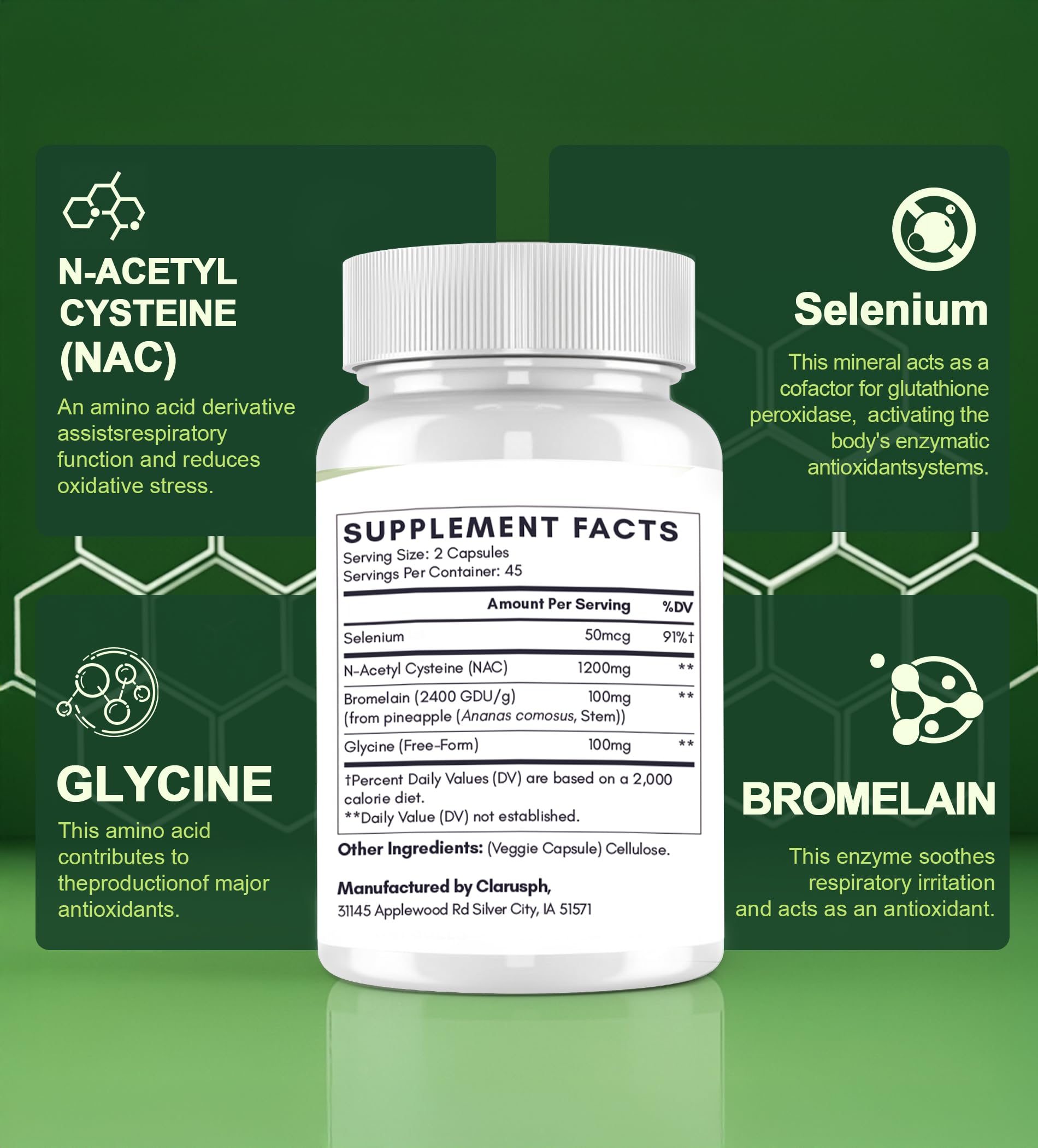 Clarusph NAC Supplement 1200mg with ingredients list