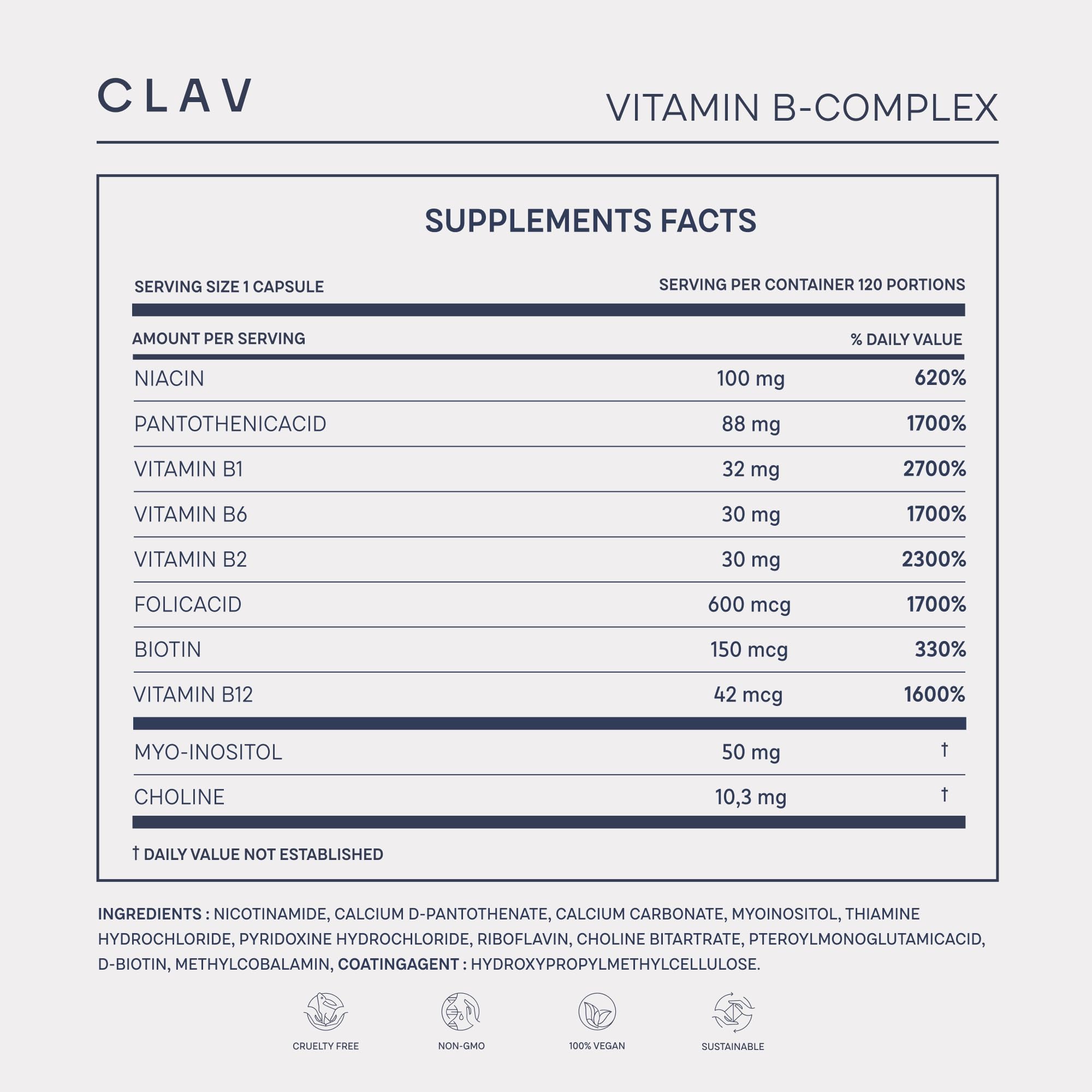 CLAV B Complex Vitamin Supplement packaging details