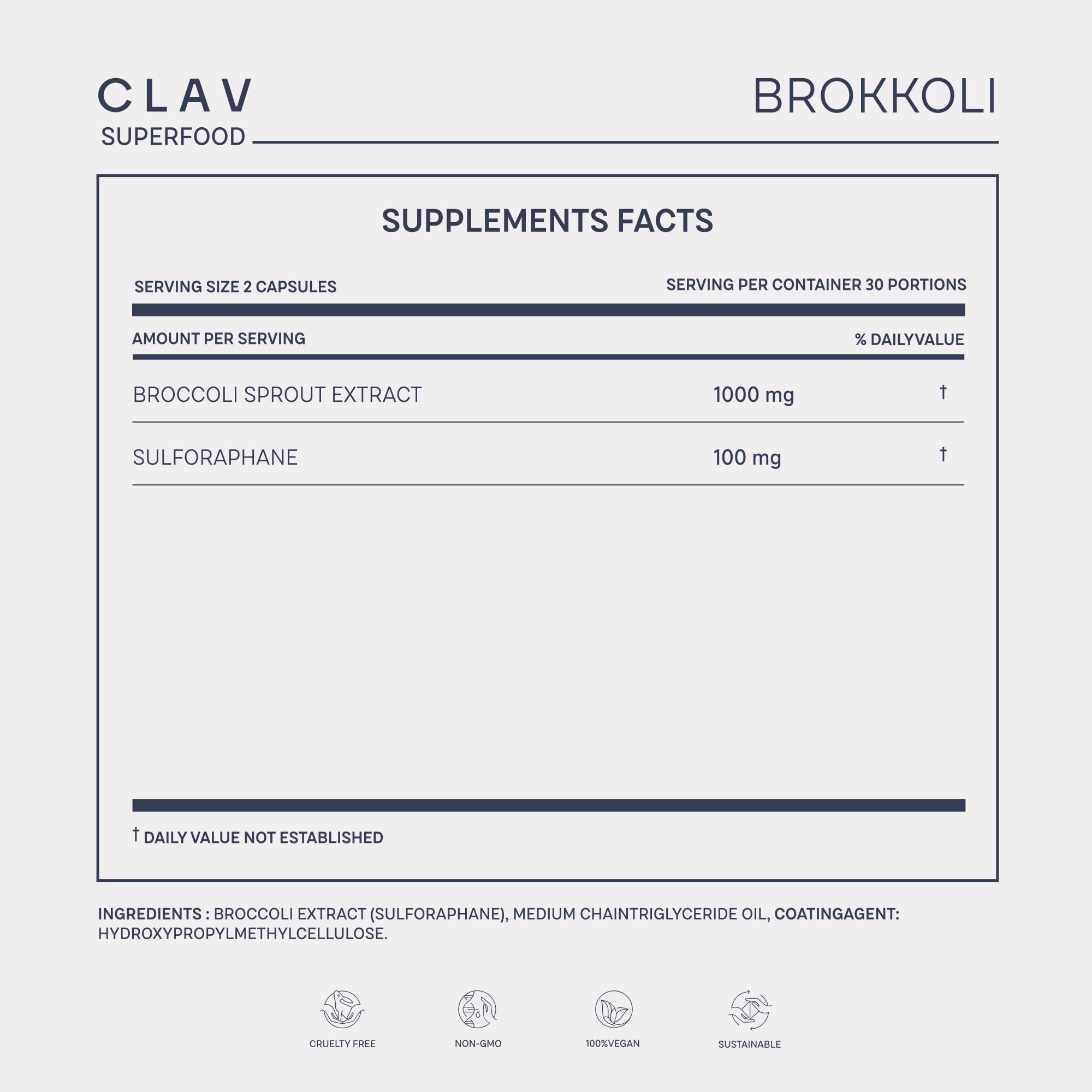 CLAV Broccoli Capsules 1000mg eco-friendly packaging close-up