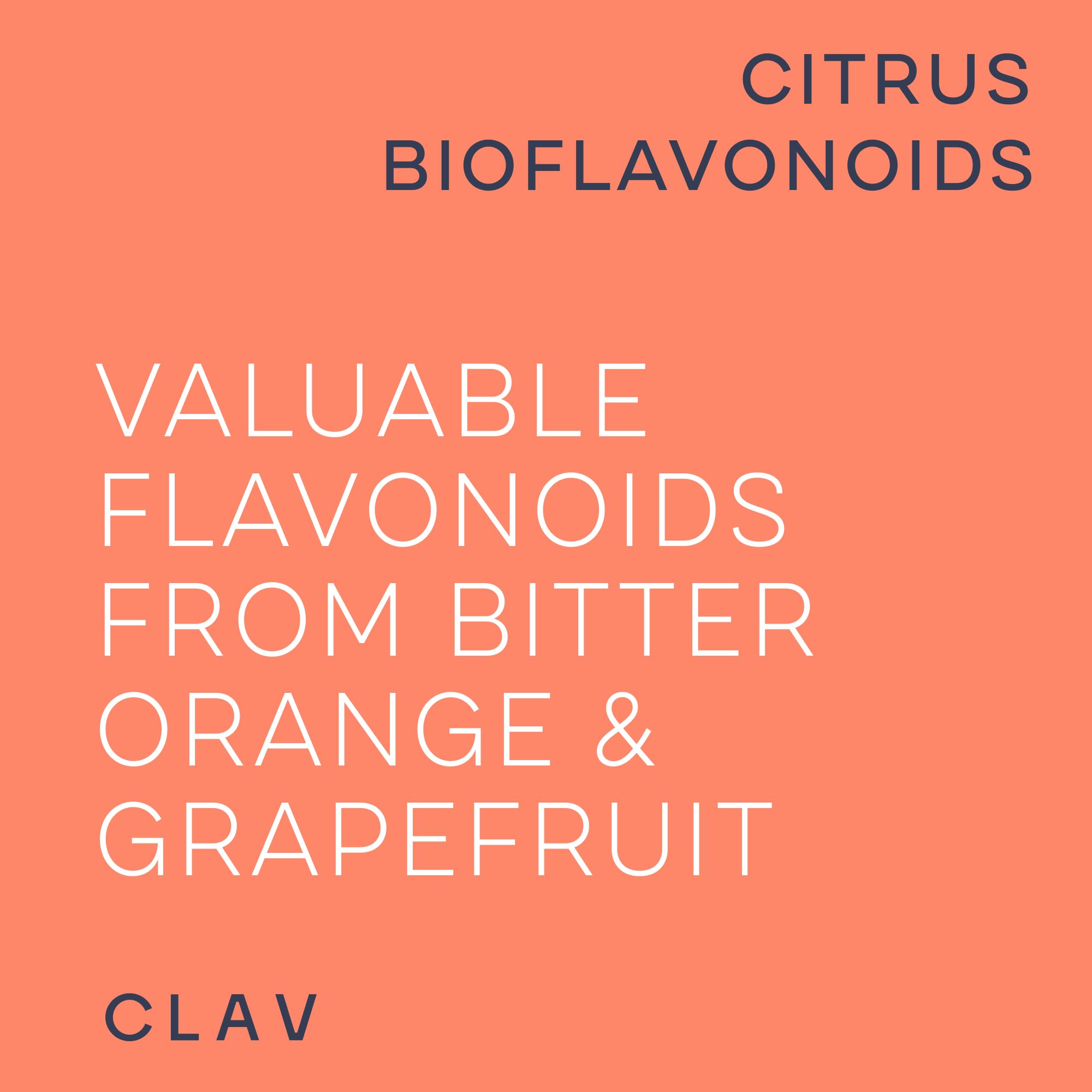 CLAV Flavonoid Complex Supplement bottle with citrus fruits