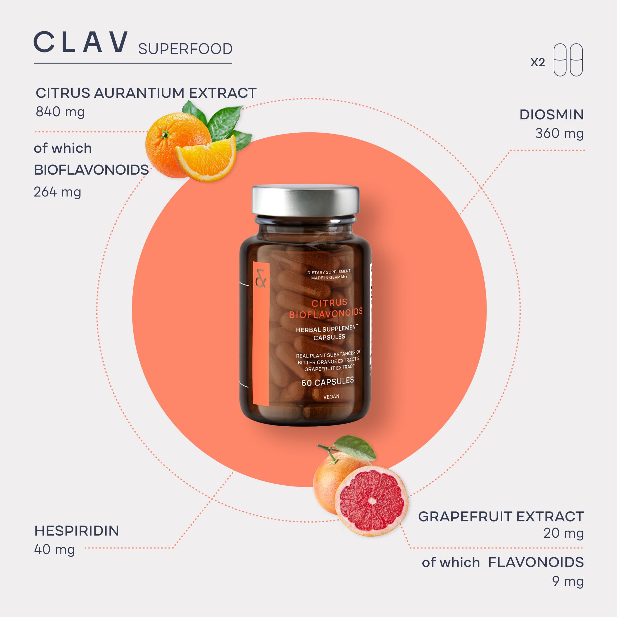 CLAV Flavonoid Complex Supplement lifestyle shot on wooden table