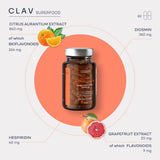 CLAV Flavonoid Complex Supplement lifestyle shot on wooden table