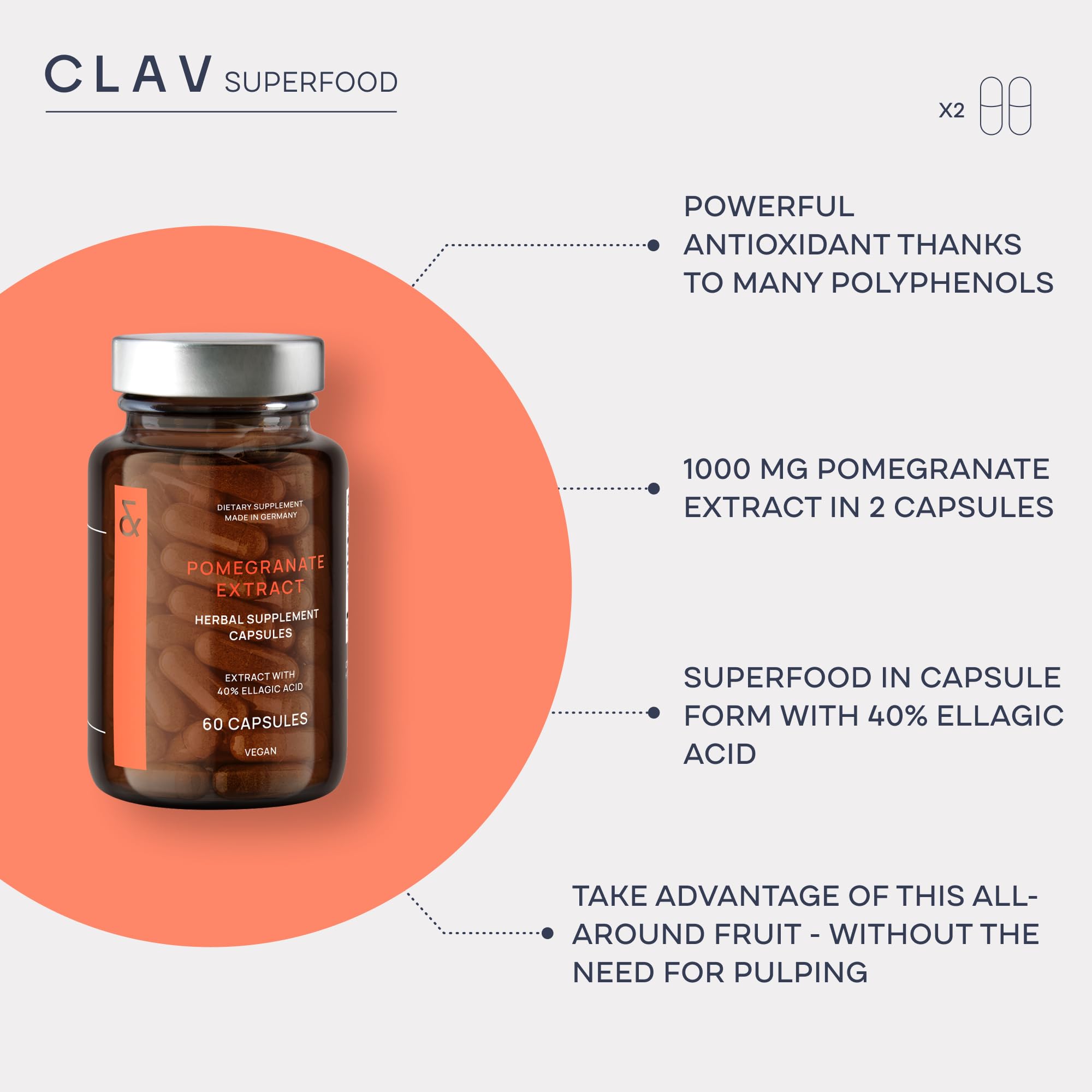 CLAV Pomegranate Supplement 1000mg capsule side view