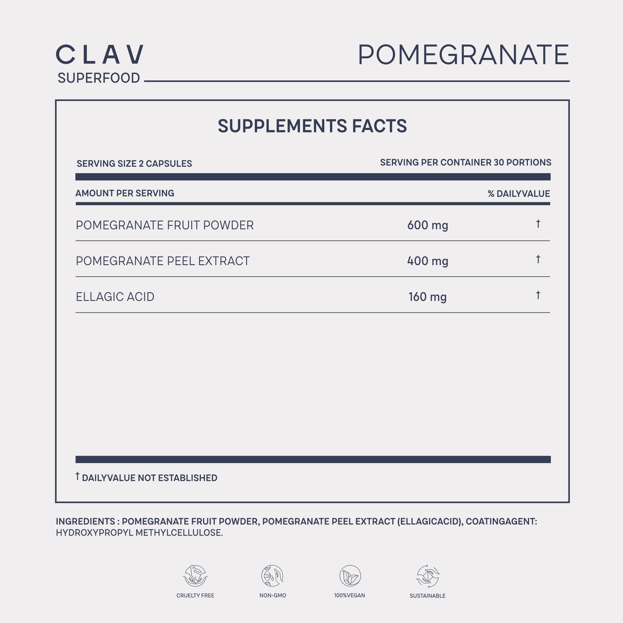 CLAV Pomegranate Supplement 1000mg capsules on table