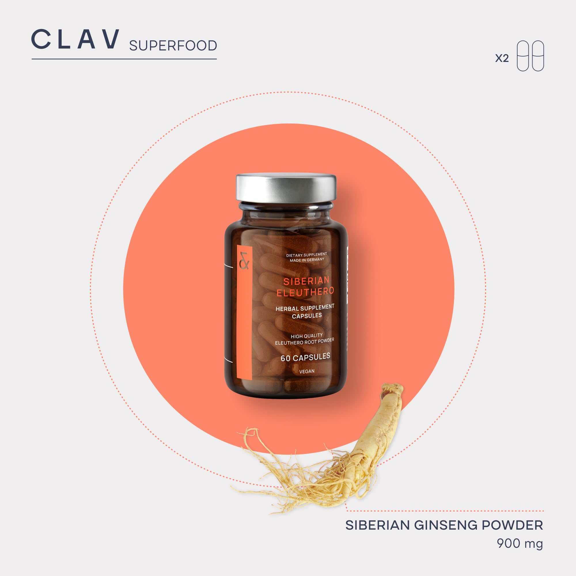 CLAV Siberian Ginseng Capsules 900mg capsules on a wooden surface