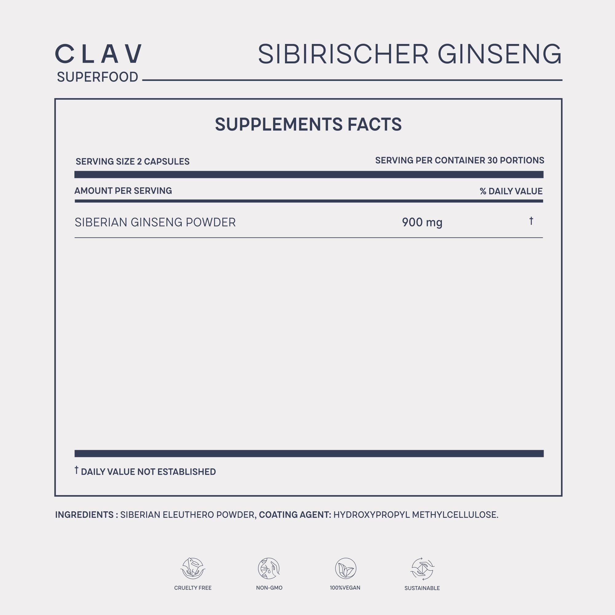 CLAV Siberian Ginseng Capsules 900mg packaging details