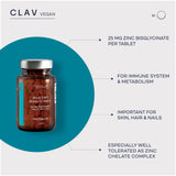 CLAV Vegan Zinc Bisglycinate Tablets side view showing dosage