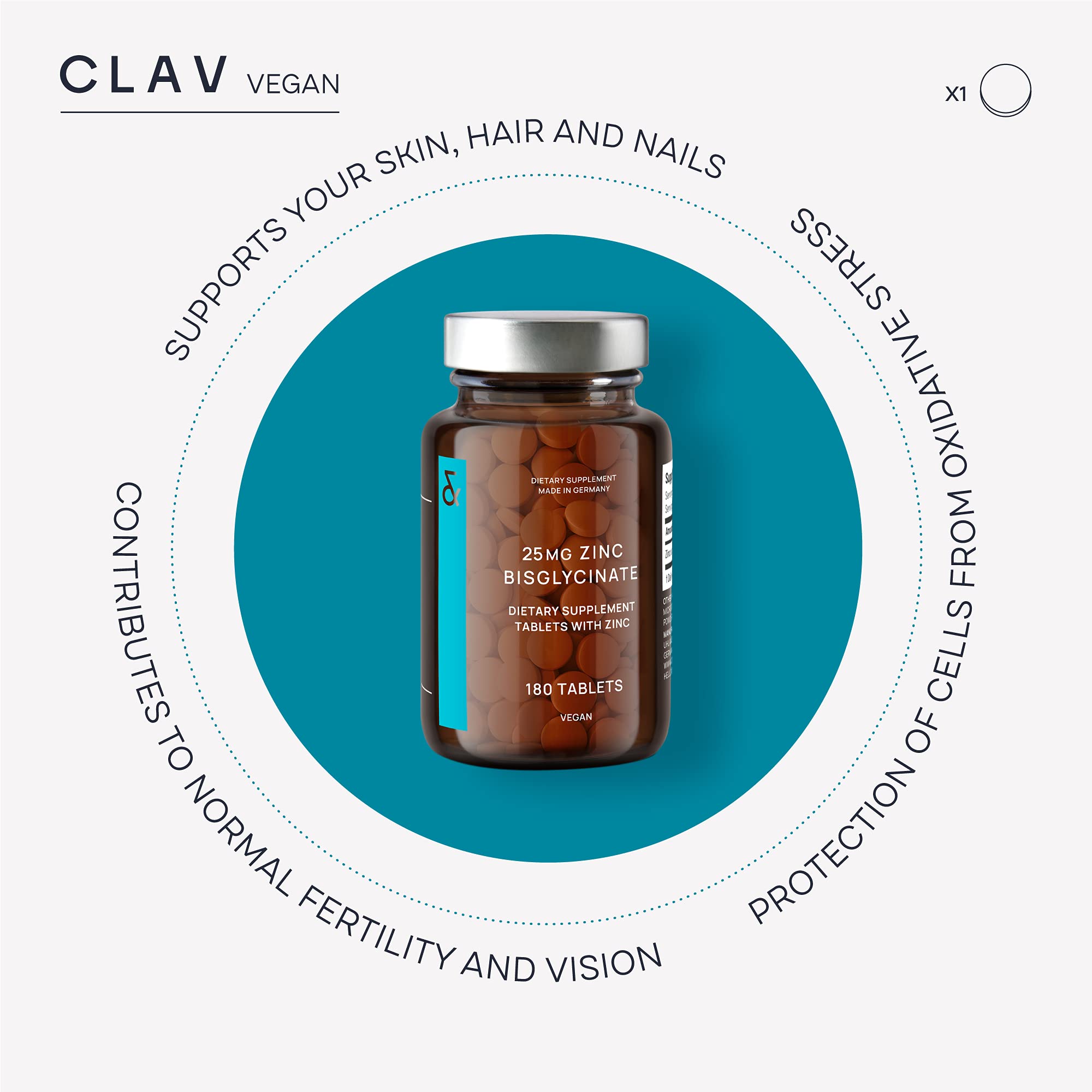 CLAV Vegan Zinc Bisglycinate Tablets with a measuring spoon