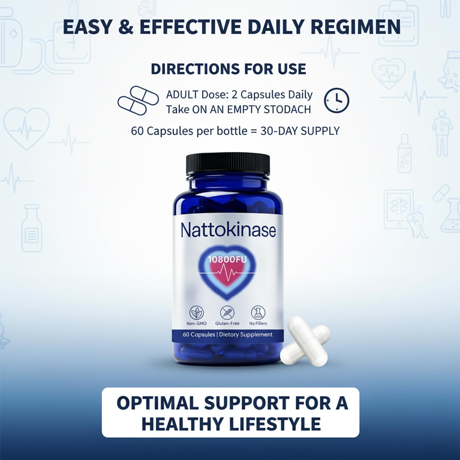 Clavya Nattokinase Supplement capsules on a wooden table