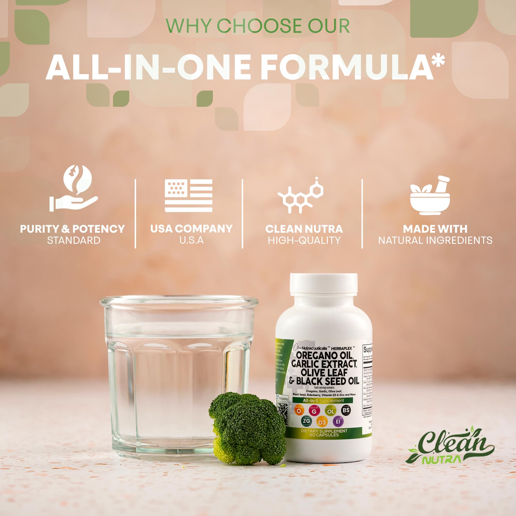 Clean Nutraceuticals Advanced Oregano & Garlic Supplement ingredients close-up