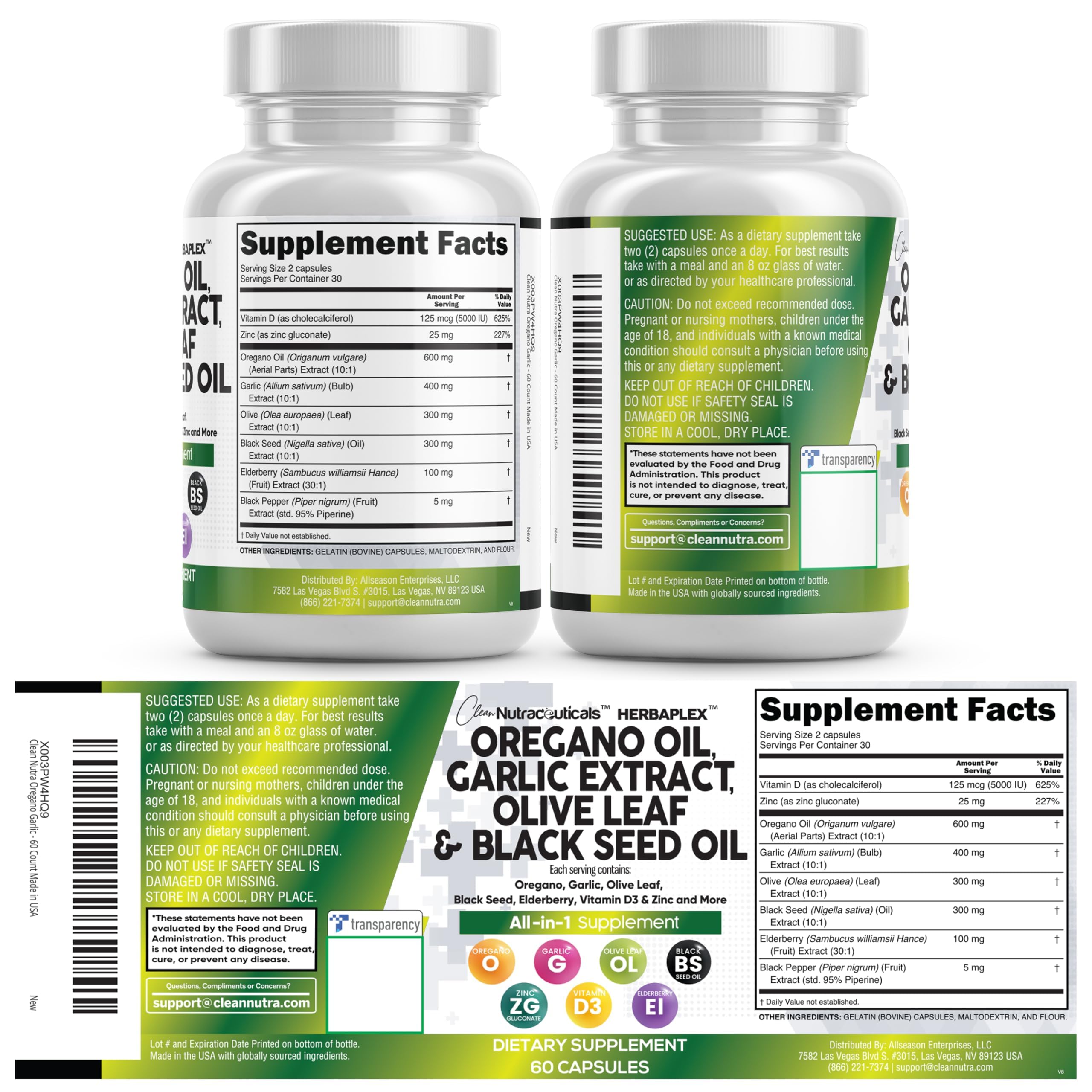 Clean Nutraceuticals Advanced Oregano & Garlic Supplement with olive leaves