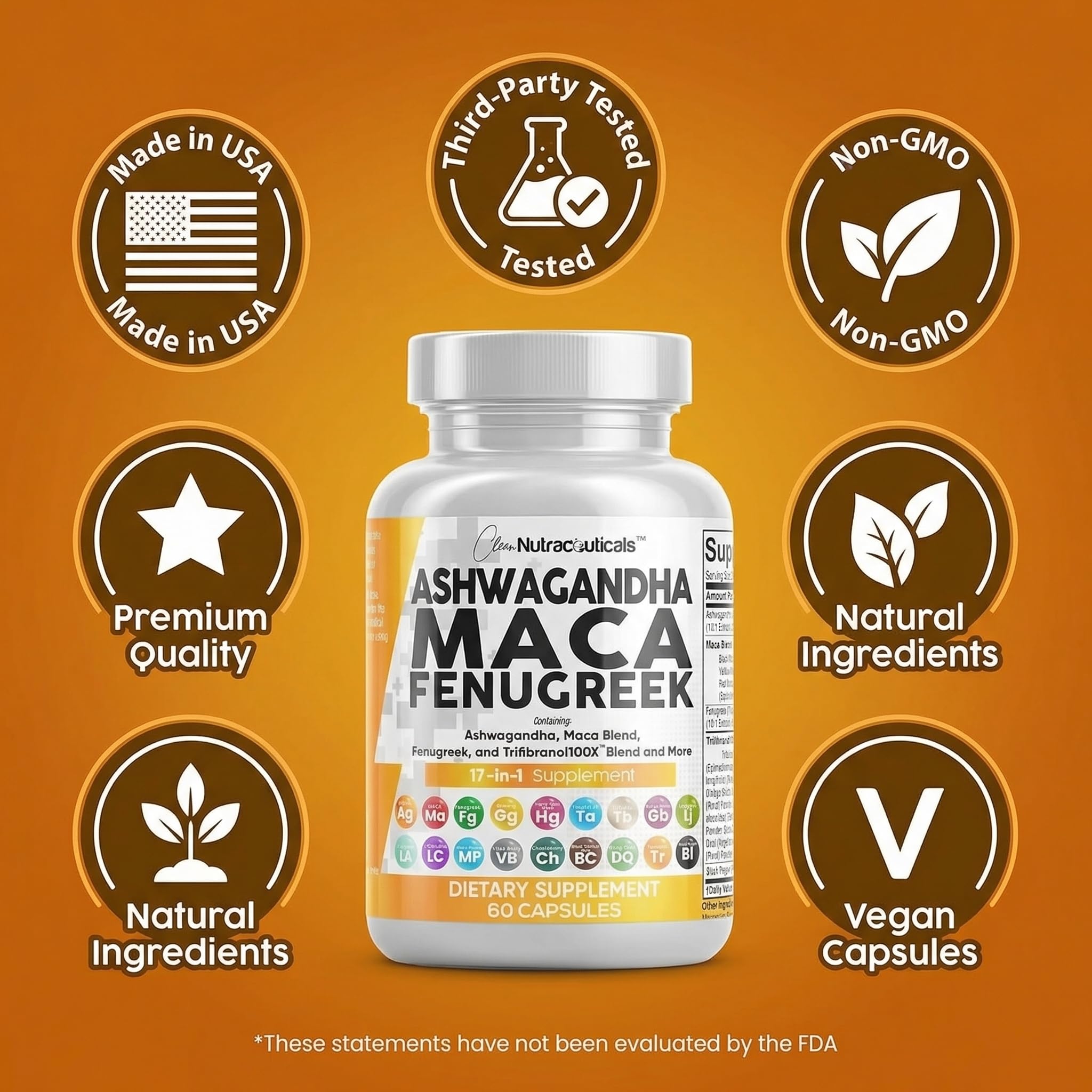 Clean Nutraceuticals Ashwagandha & Maca Root Capsules with a measuring spoon