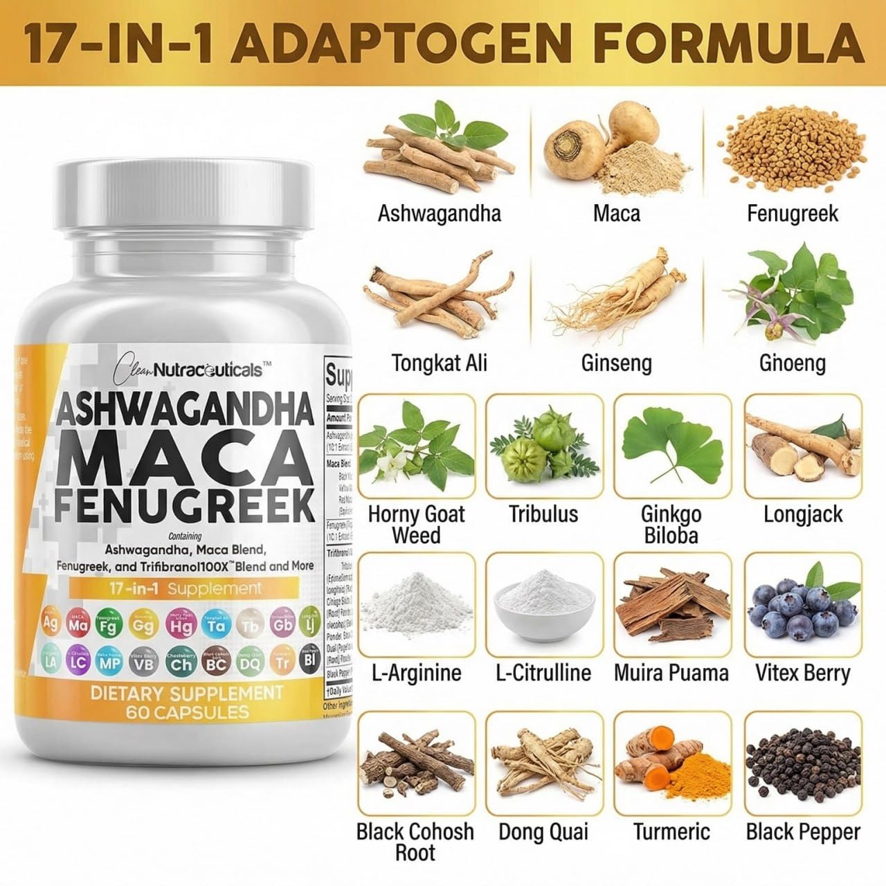 Clean Nutraceuticals Ashwagandha & Maca Root Capsules with ingredients