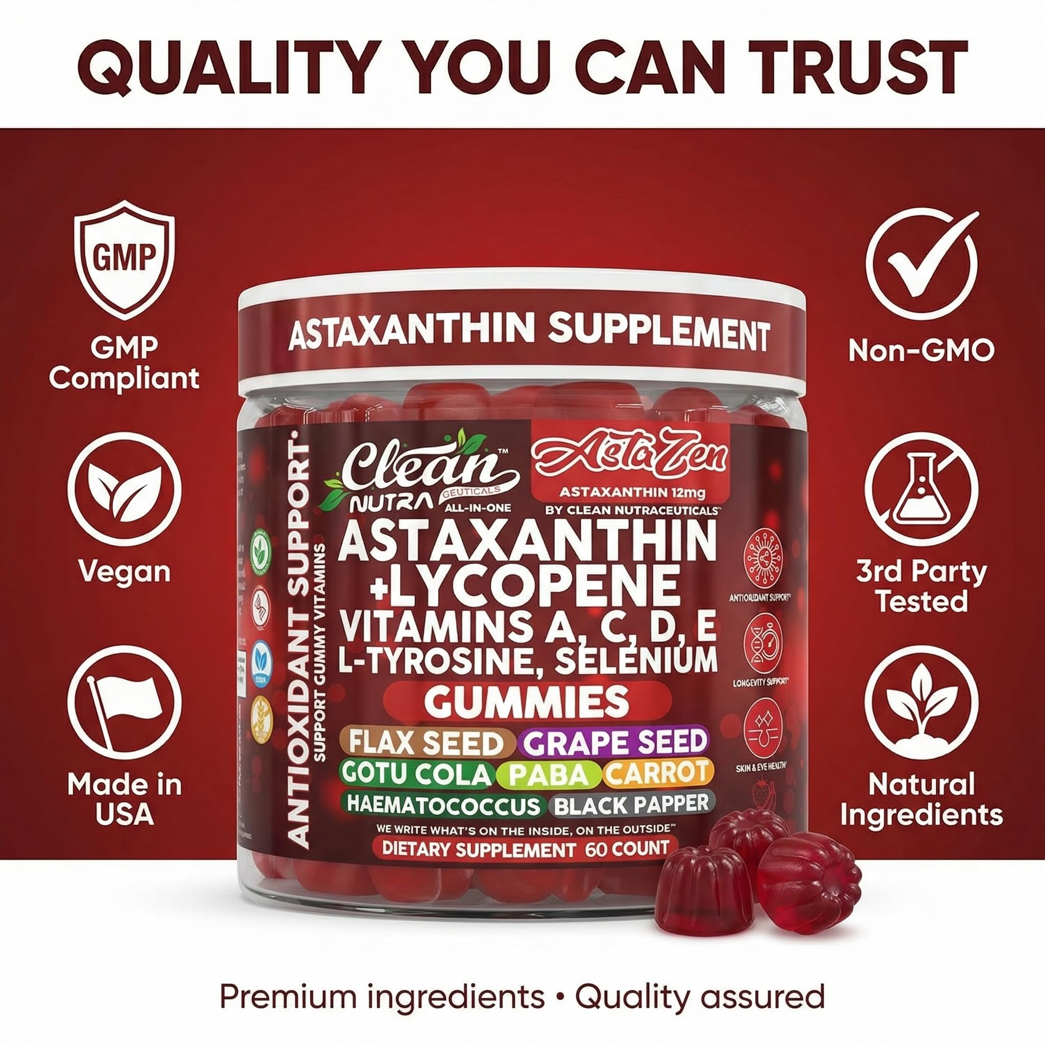 Clean Nutraceuticals AstaZen Astaxanthin Gummies displayed on a wooden table