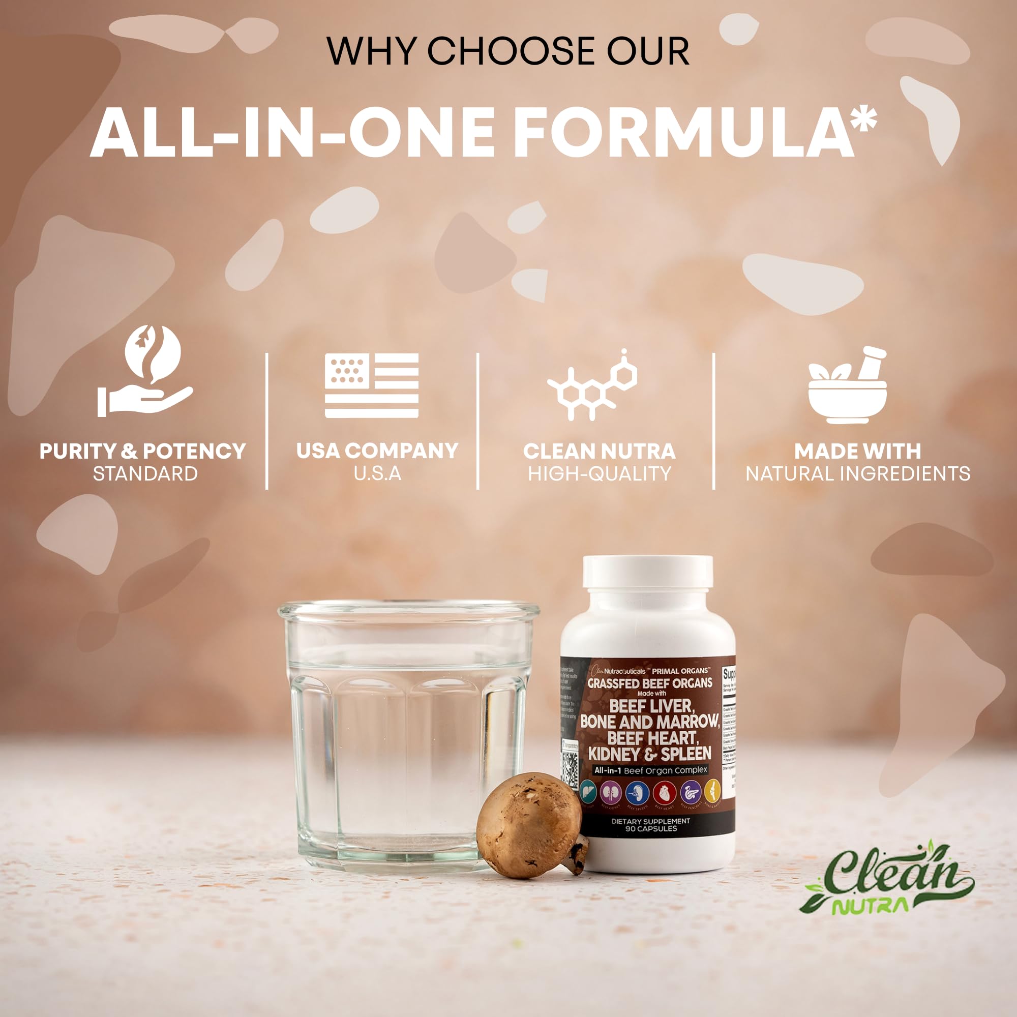 Clean Nutraceuticals Beef Liver Capsules 3000mg capsules on a table