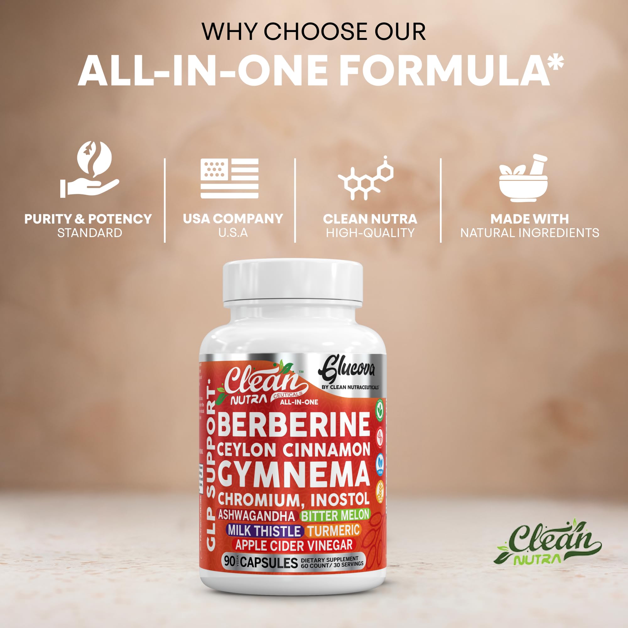 Clean Nutraceuticals Berberine Capsules back view with dosage information