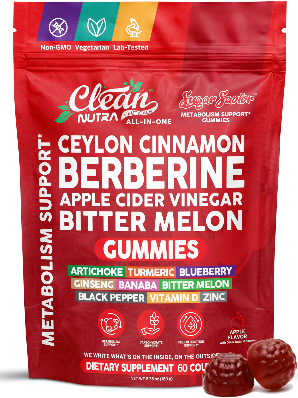 Clean Nutraceuticals Berberine Gummies front view with packaging