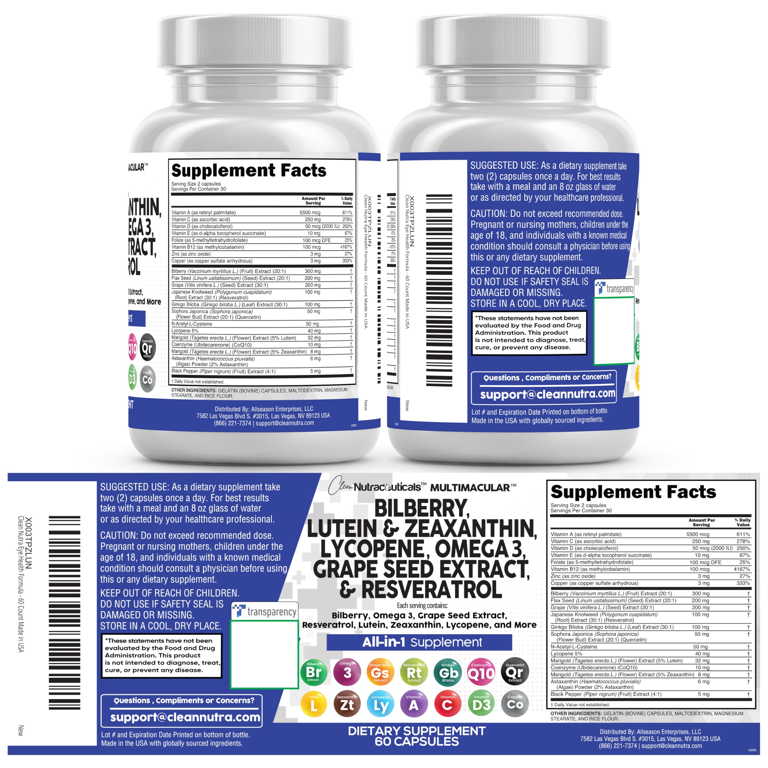 Clean Nutraceuticals Bilberry Eye Supplement bottle on a table