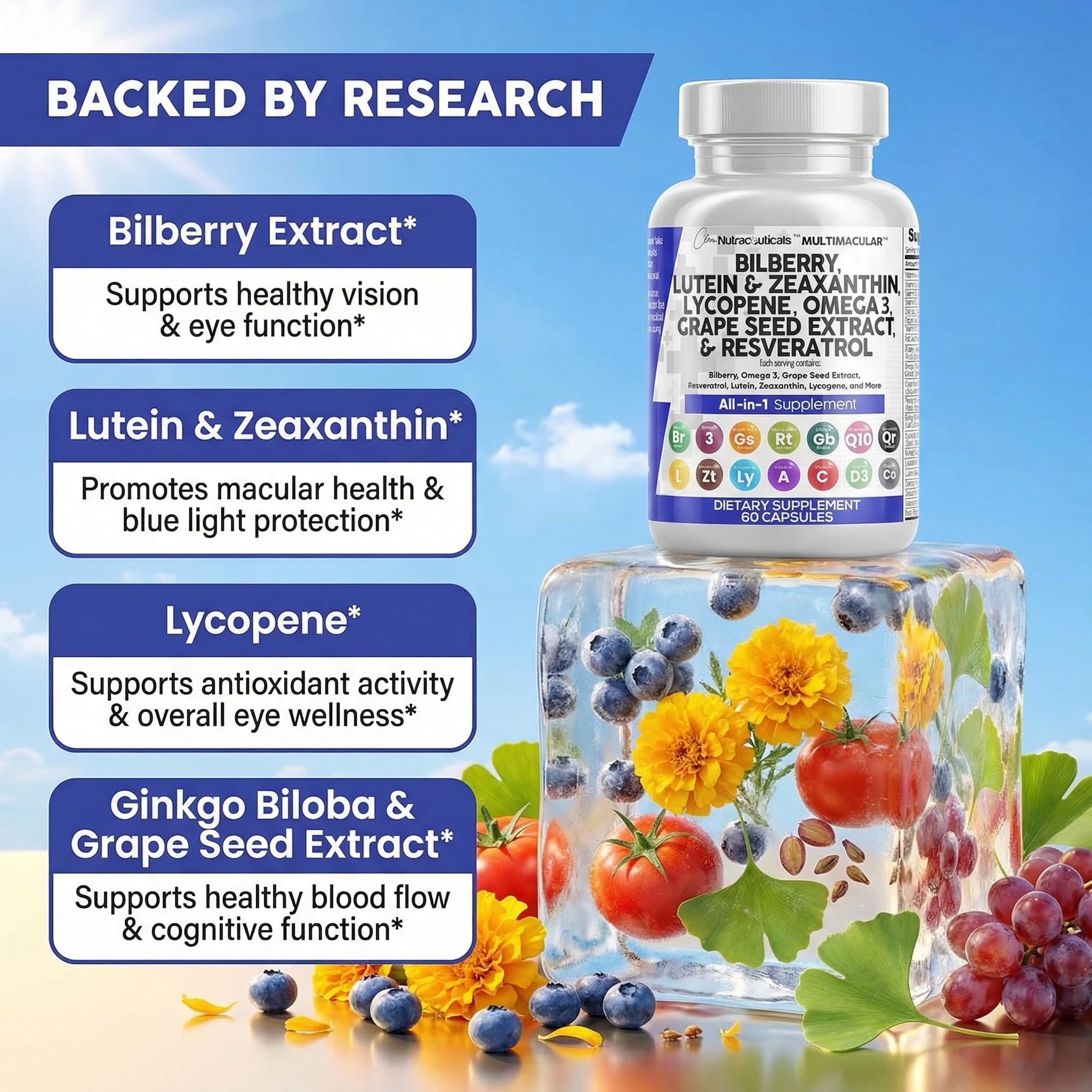Clean Nutraceuticals Bilberry Eye Vitamins 300mg capsules on a wooden table