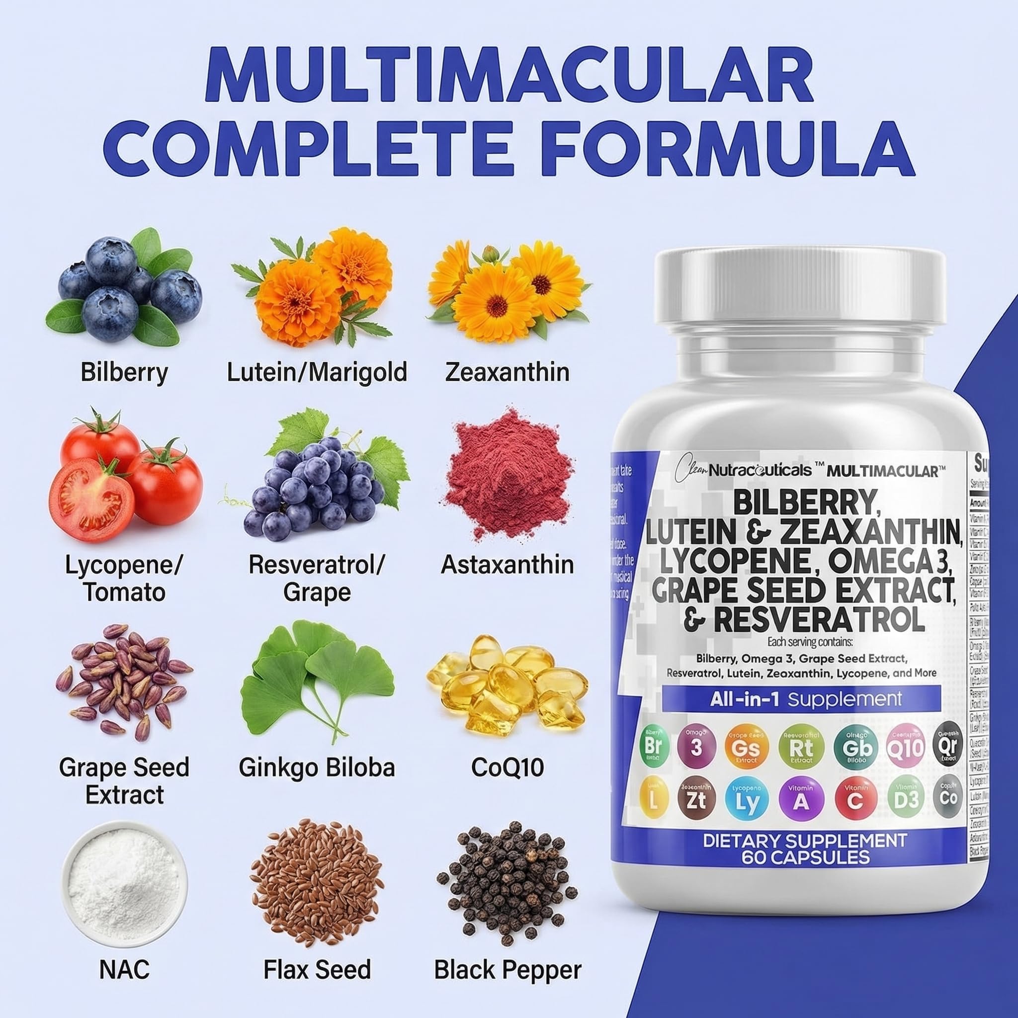 Clean Nutraceuticals Bilberry Eye Vitamins 300mg nutritional information