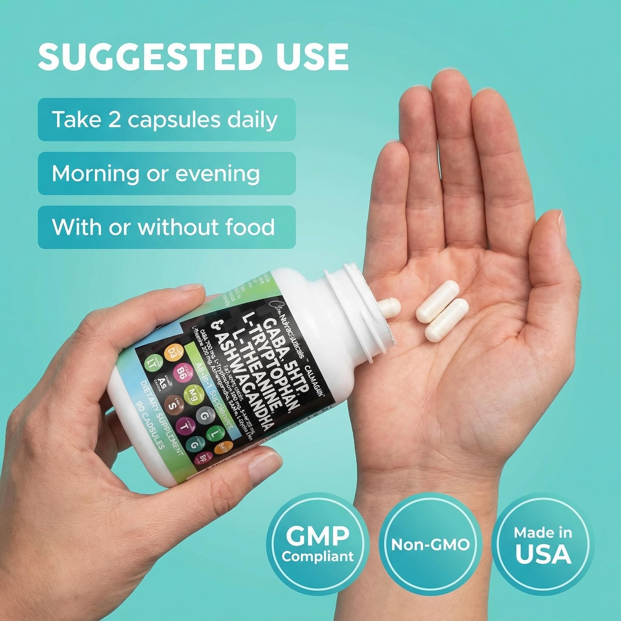 Clean Nutraceuticals CalmAgain 5-HTP Supplement with lifestyle background