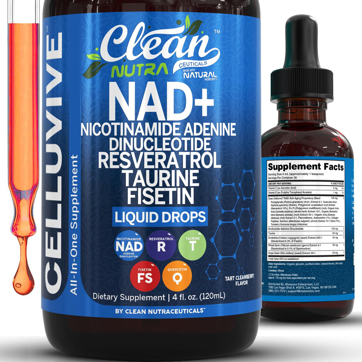 Clean Nutraceuticals CelluVive NAD Drops 4oz bottle front view