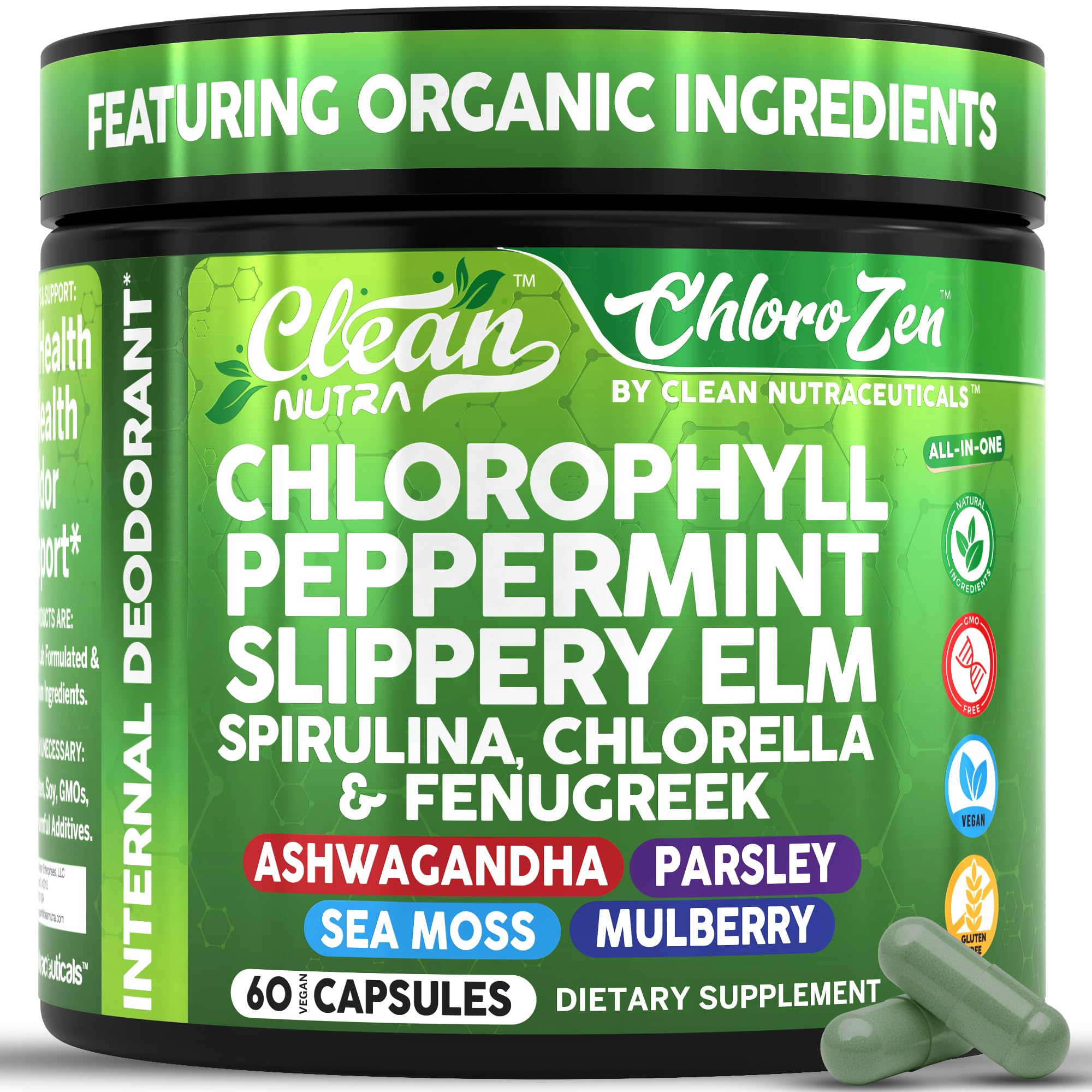 Clean Nutraceuticals Chlorophyll Capsules front view with packaging