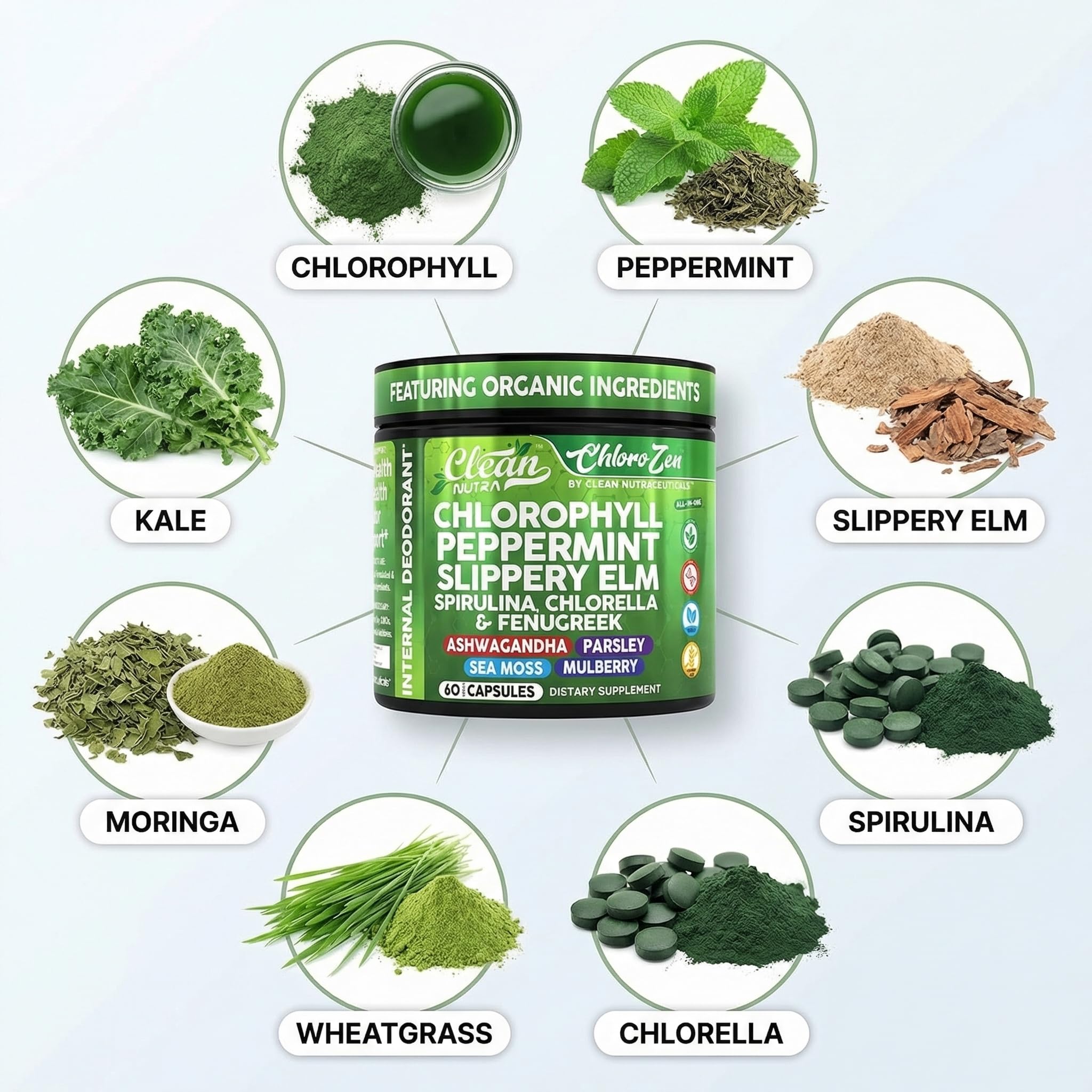 Clean Nutraceuticals Chlorophyll Capsules lifestyle scene on a kitchen counter