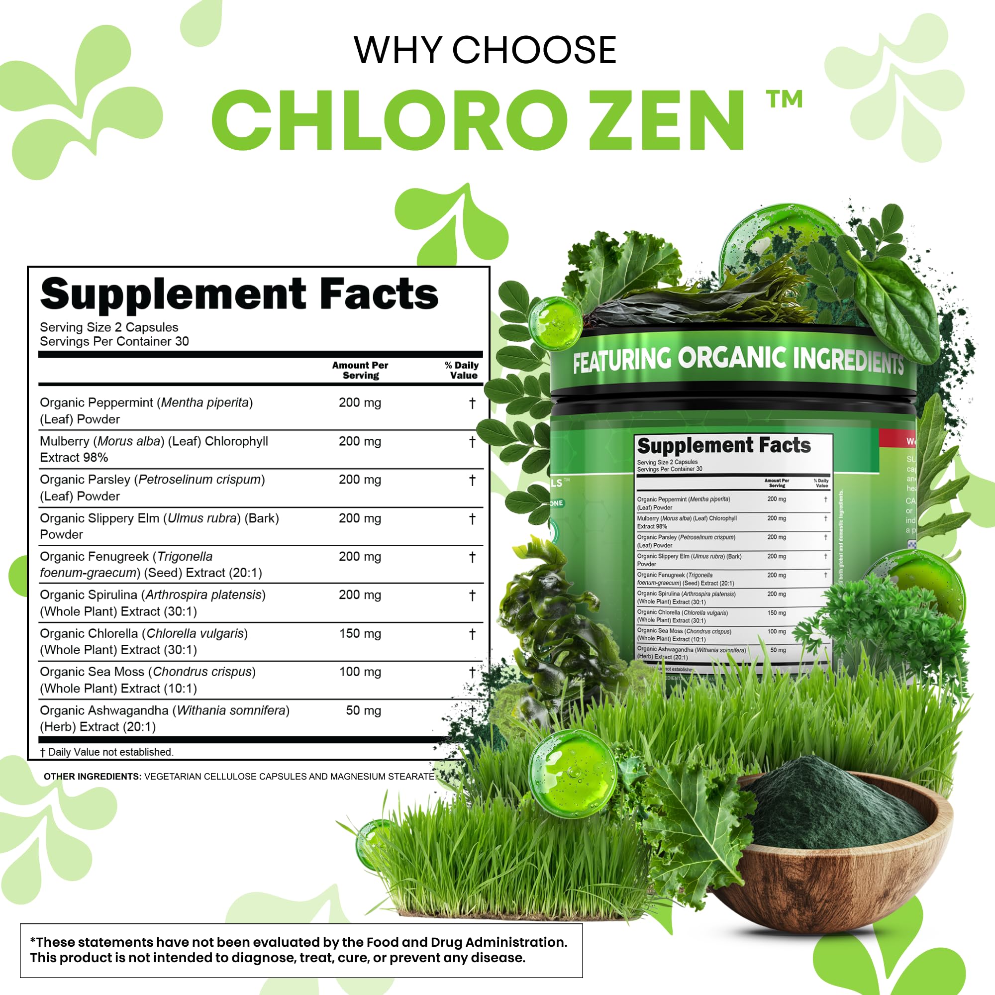 Clean Nutraceuticals Chlorophyll Capsules open bottle showing capsules