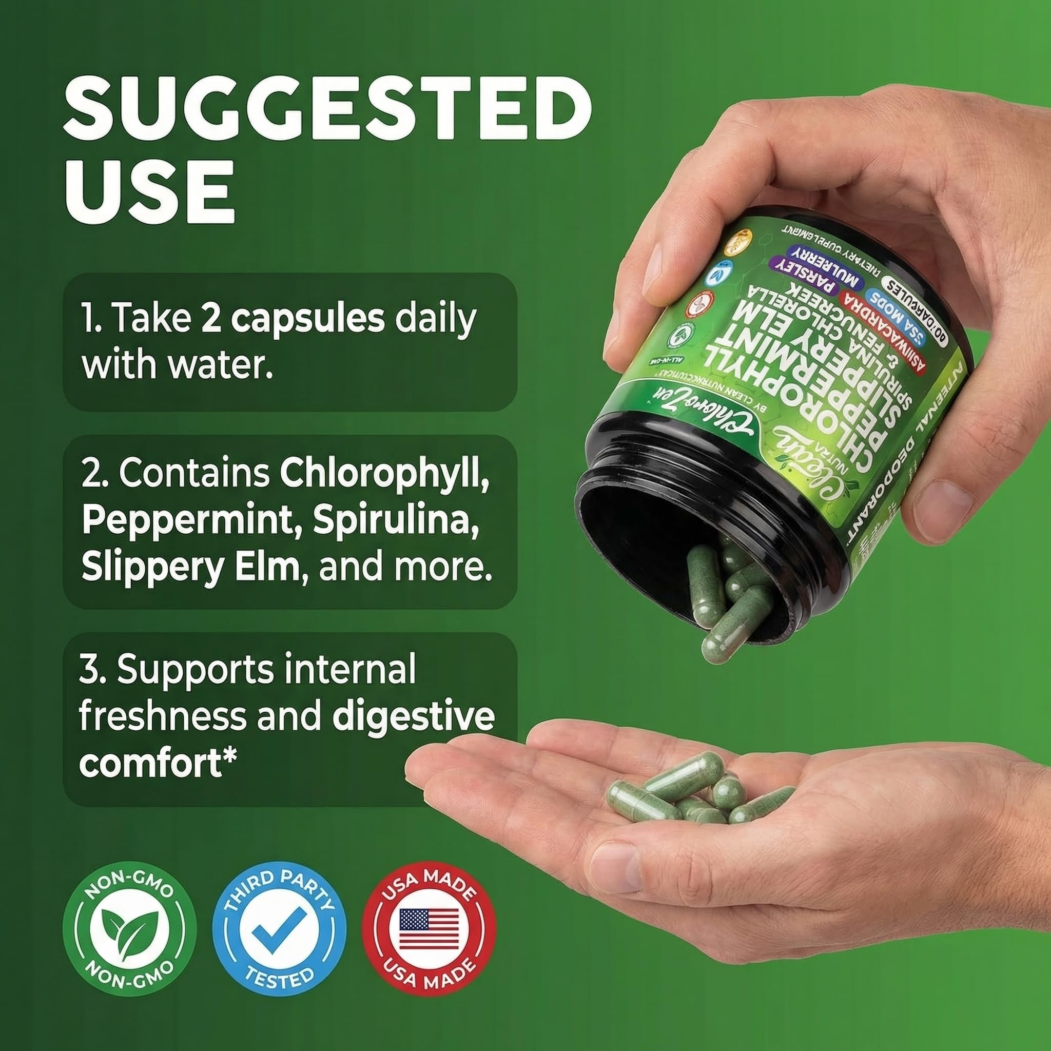 Clean Nutraceuticals Chlorophyll Capsules with fresh greens background