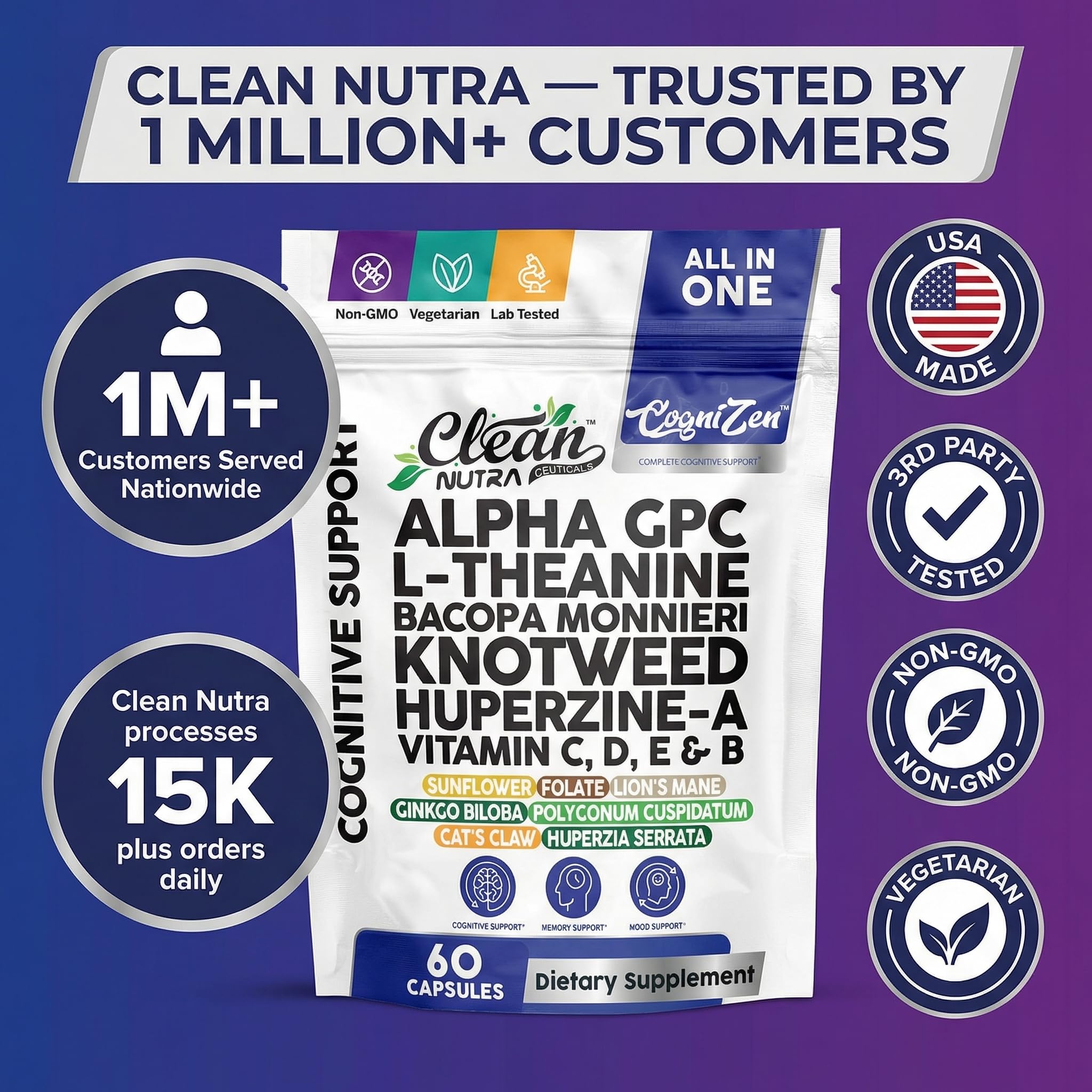 Clean Nutraceuticals CogniZen Nootropic Brain Supplement packaging on a marble countertop