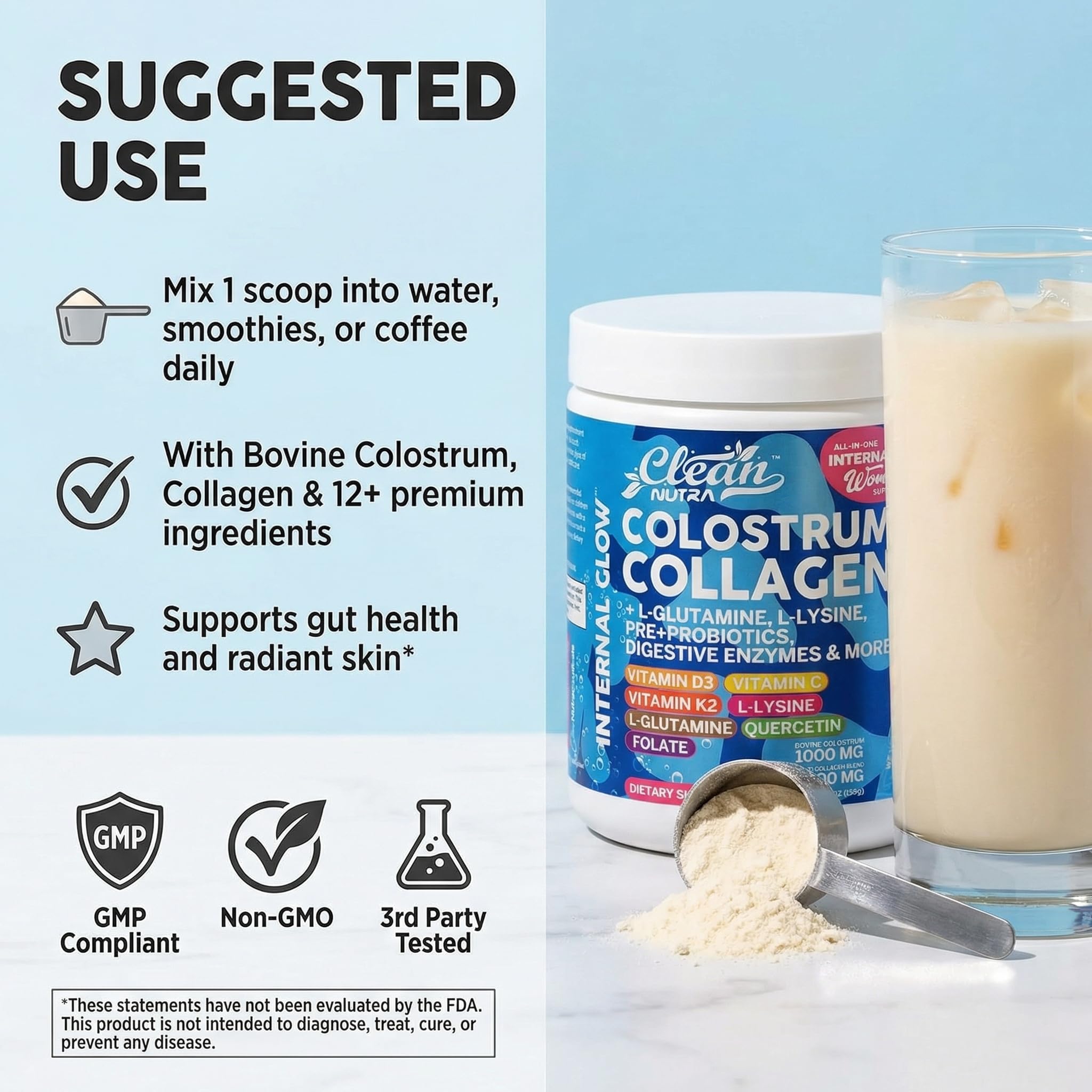 Clean Nutraceuticals Colostrum Powder with Collagen in a bowl