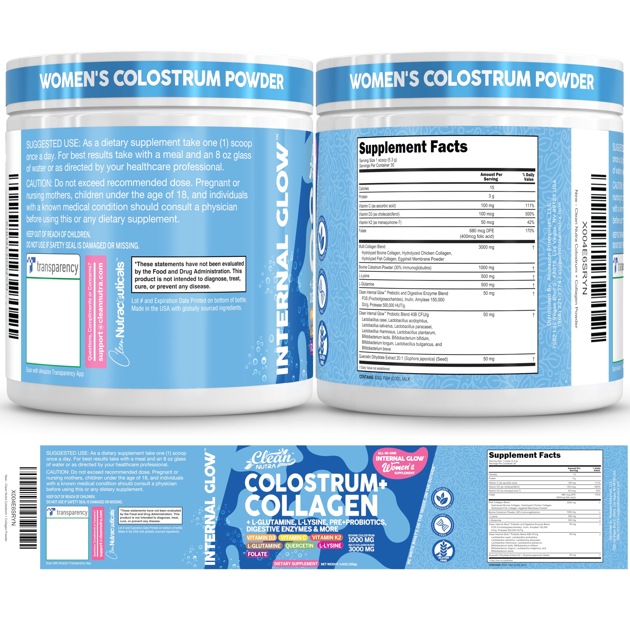 Clean Nutraceuticals Colostrum Powder with Collagen nutritional information
