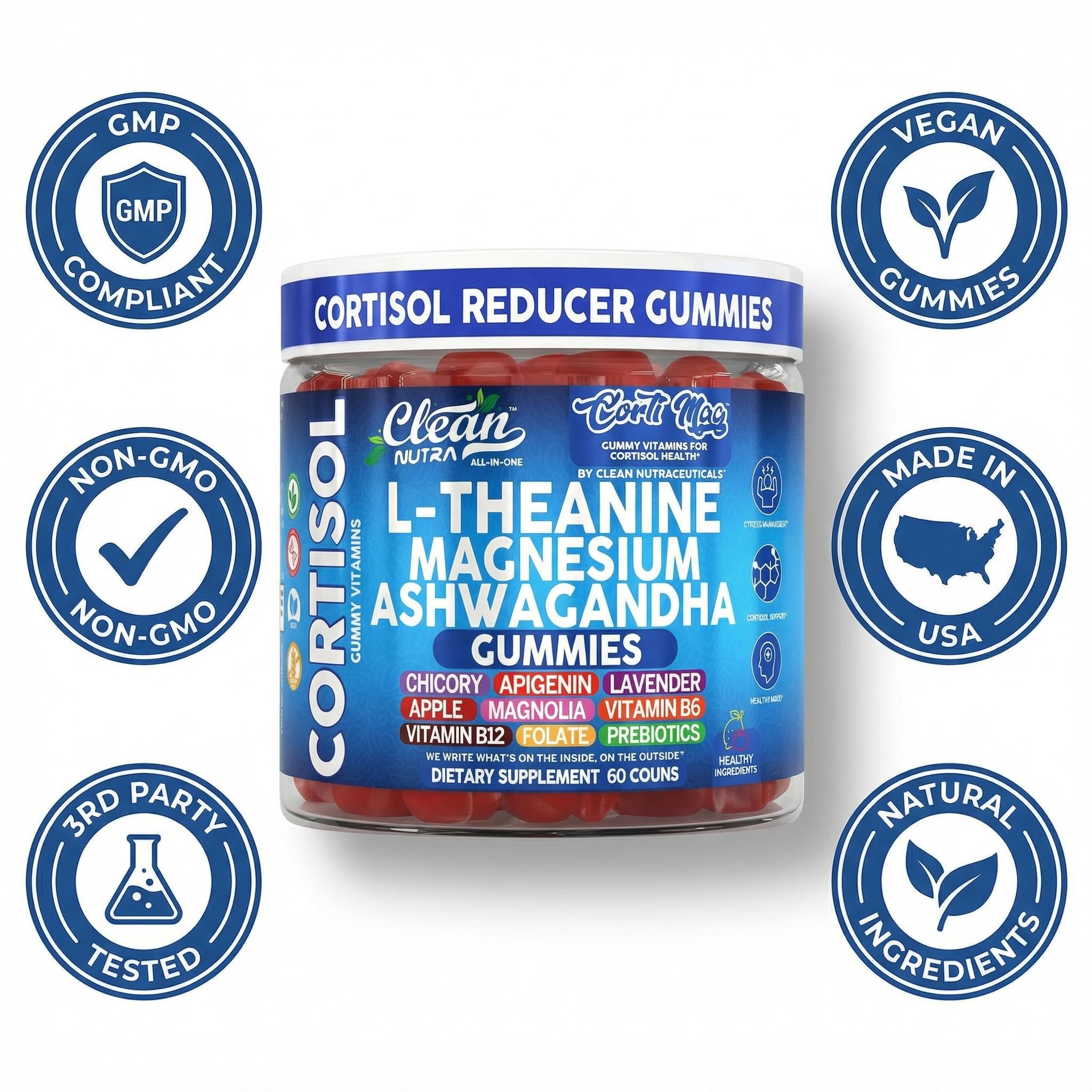 Clean Nutraceuticals Corti Mag Gummies with a measuring spoon
