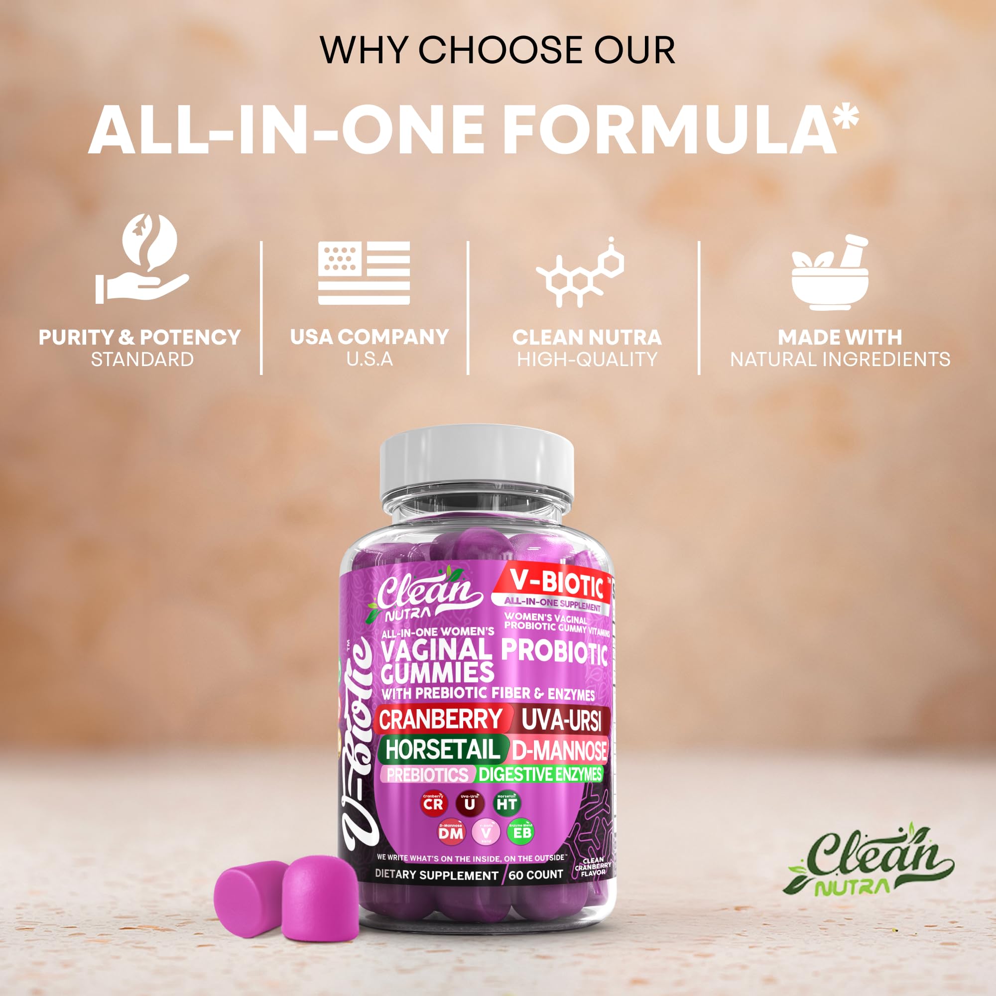 Clean Nutraceuticals Cranberry Probiotic Gummies with a measuring spoon