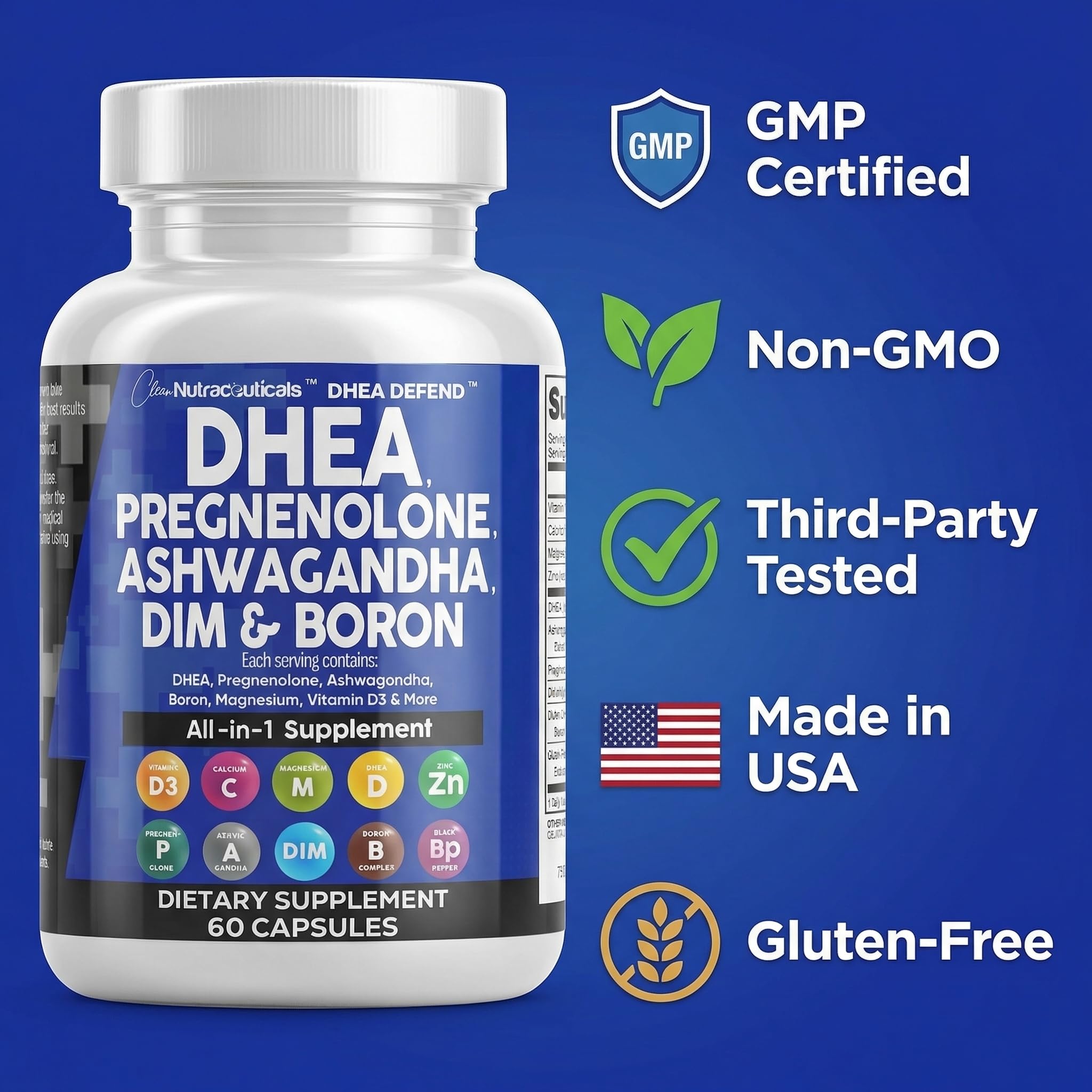 Clean Nutraceuticals DHEA 200mg Complex Supplement displayed with other supplements