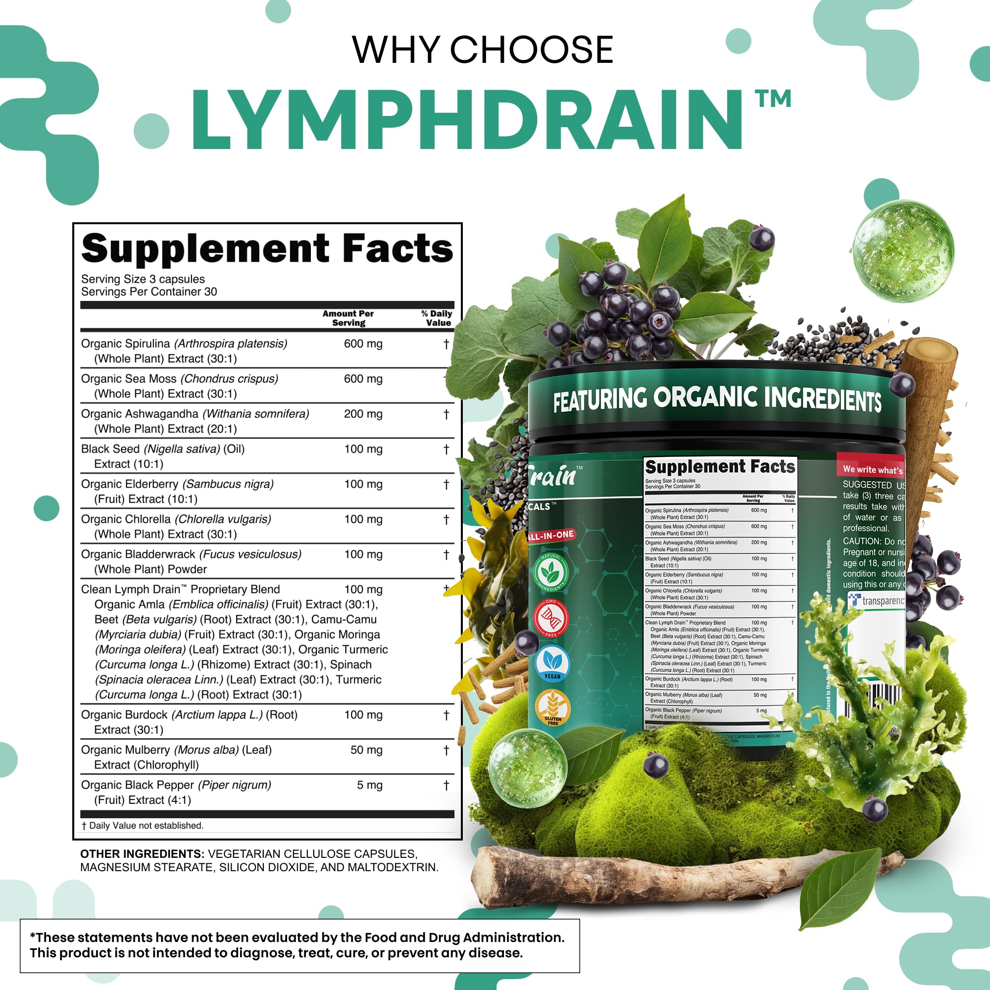 Clean Nutraceuticals Elderberry Lymphatic Drainage Capsules with a measuring scoop