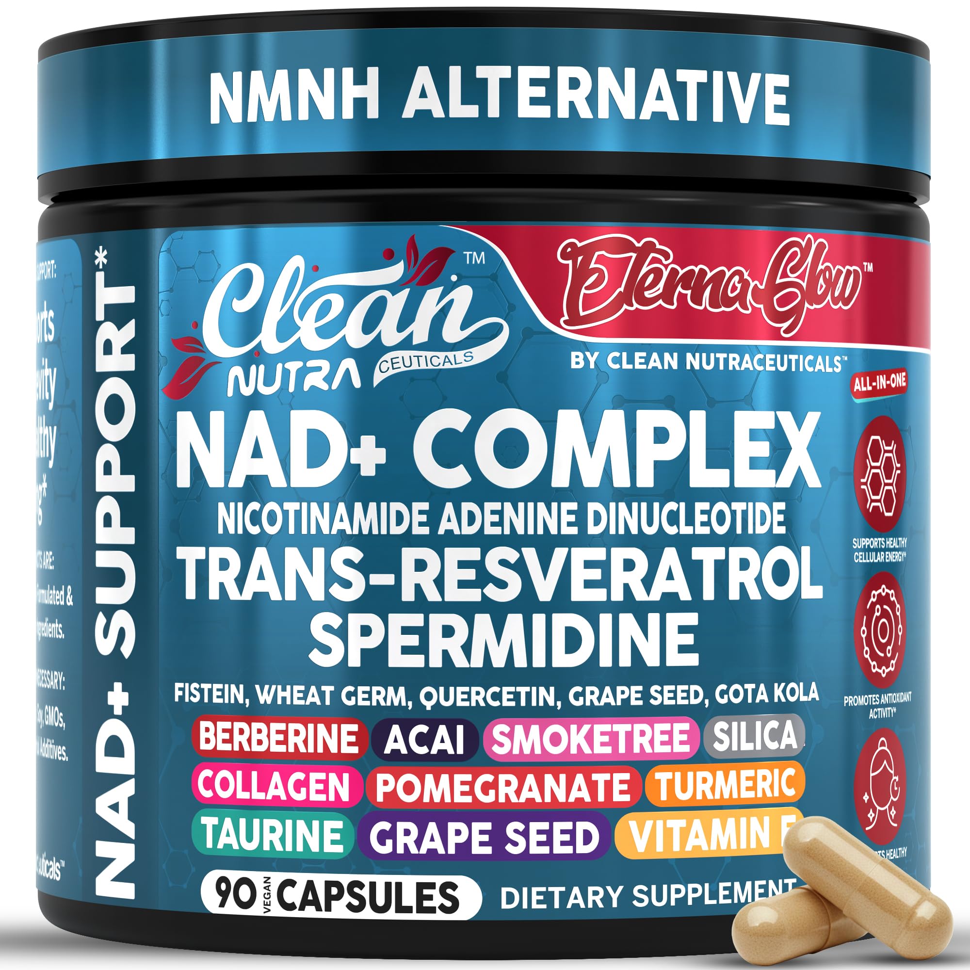 Clean Nutraceuticals EternaGlow NAD Resveratrol Supplement 90 Capsules front view