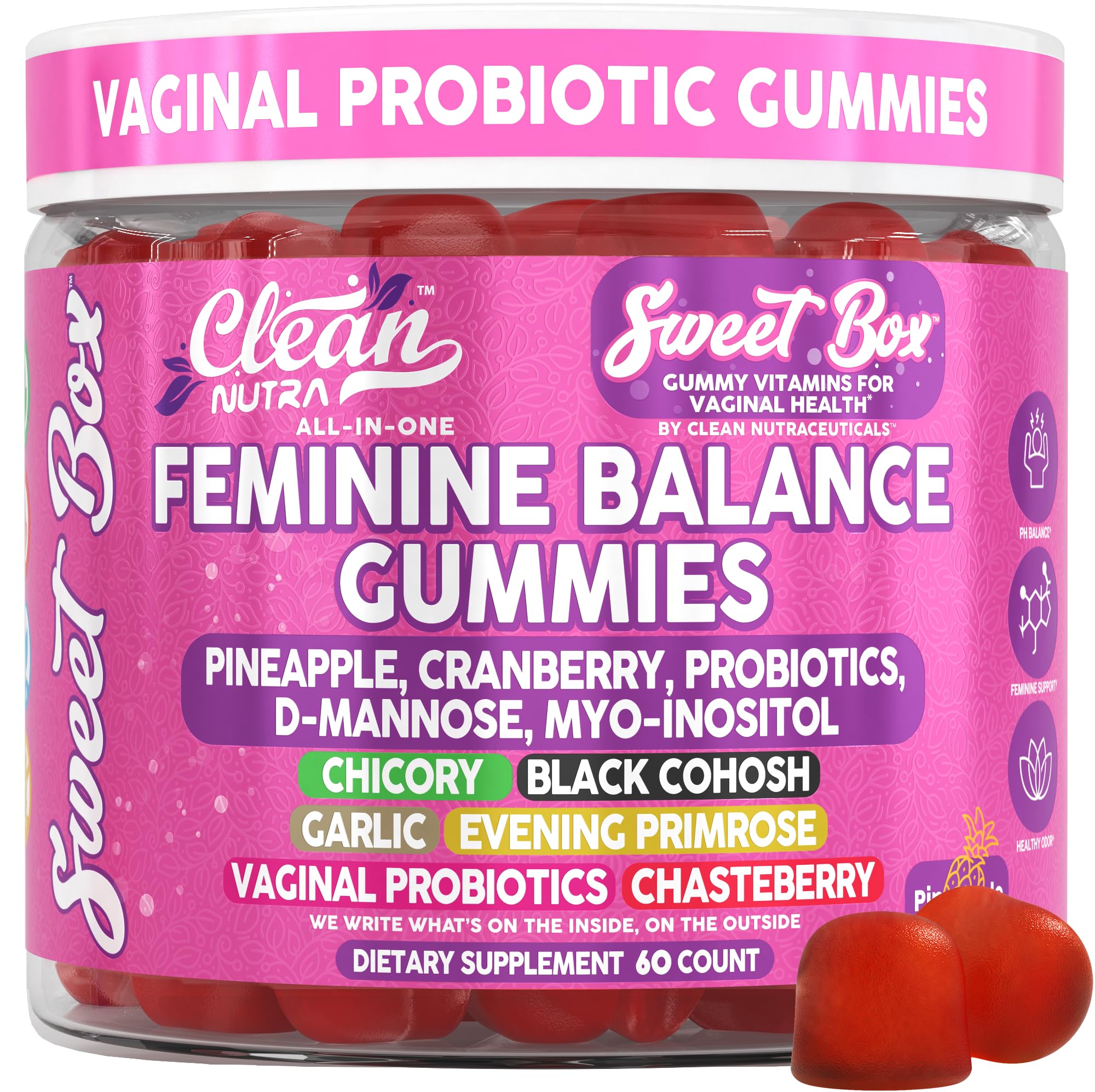 Clean Nutraceuticals Feminine Balance Gummies 60 Count pineapple flavour front view