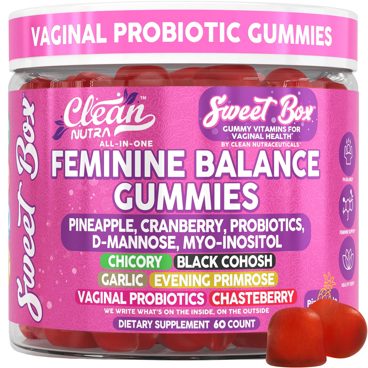 Clean Nutraceuticals Feminine Balance Gummies 60 Count pineapple flavour front view