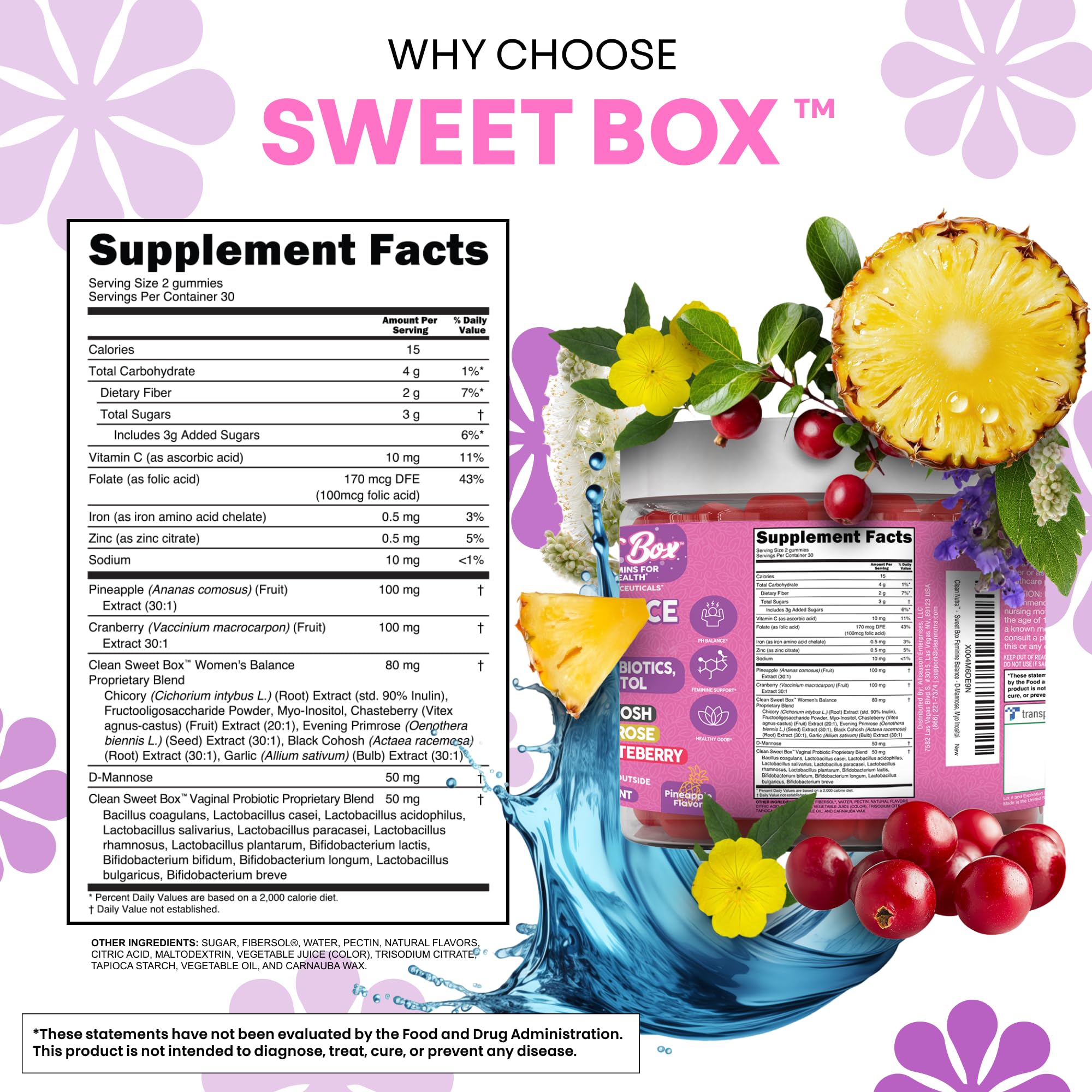 Clean Nutraceuticals Feminine Balance Gummies displayed on a table