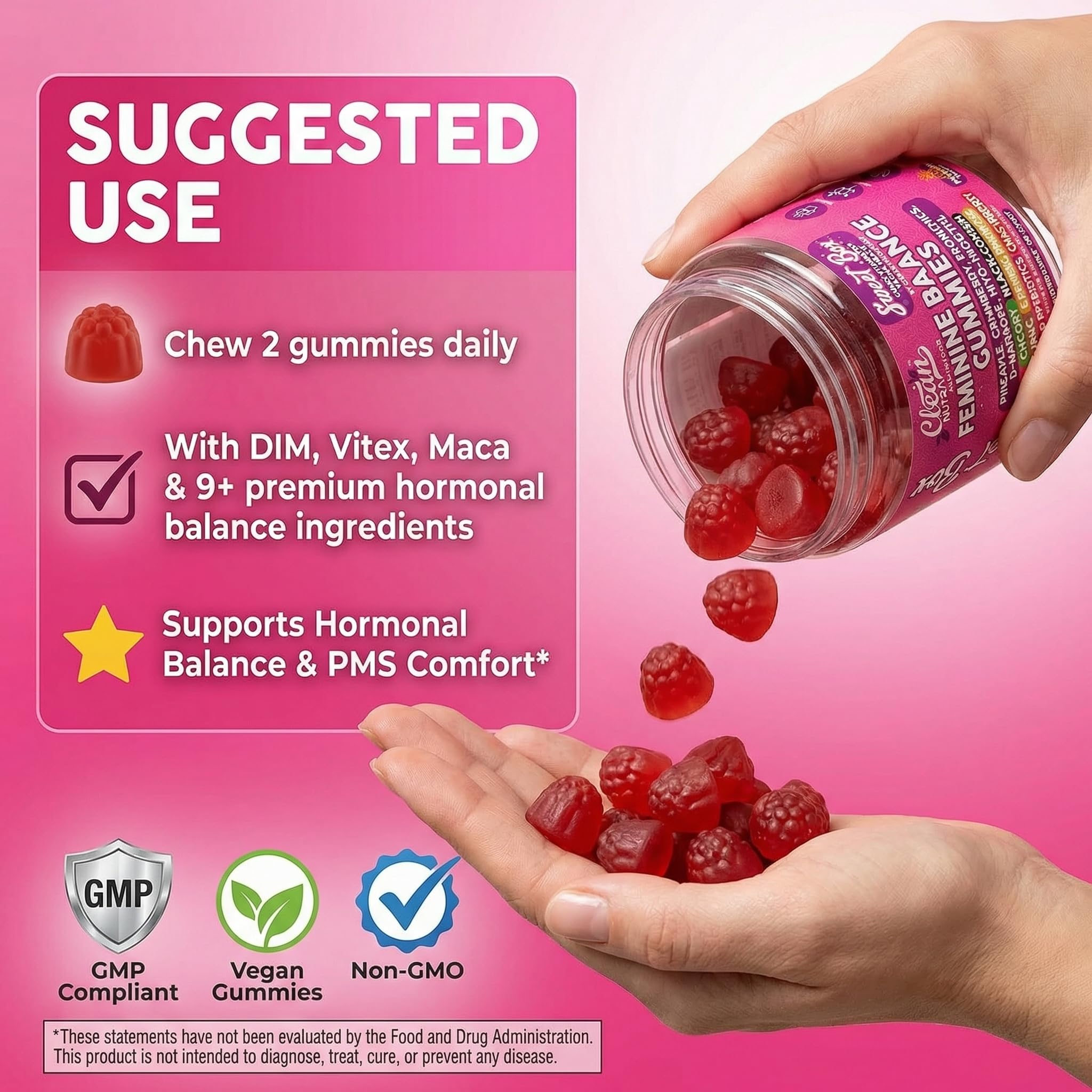 Clean Nutraceuticals Feminine Balance Gummies ingredients list on the back